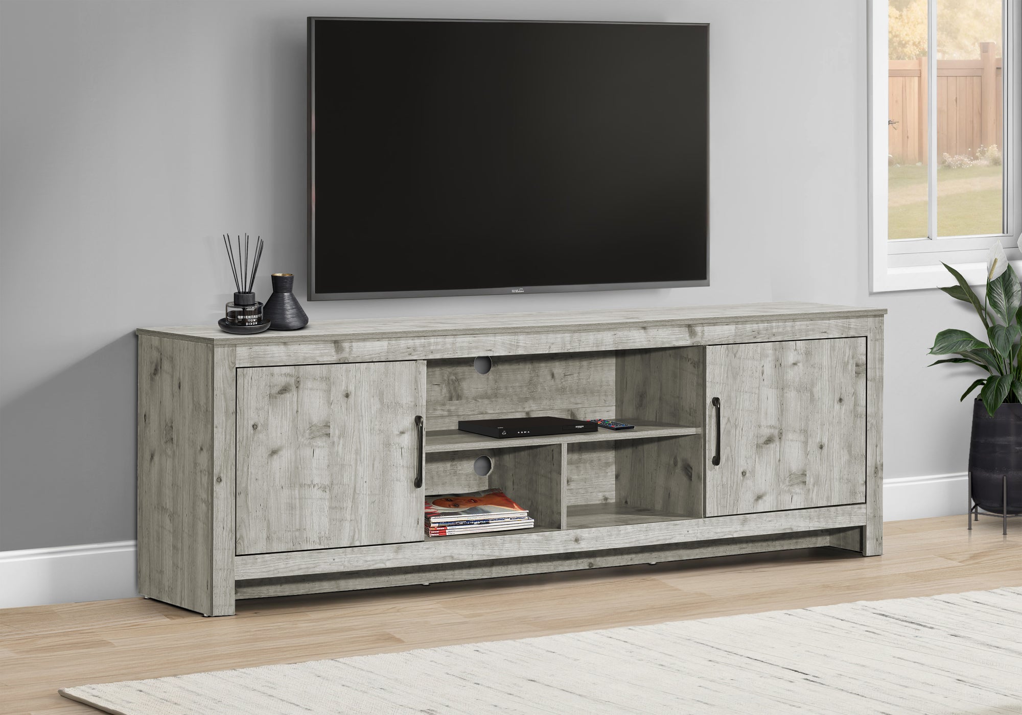 Tv Stand, 72 Inch, Console, Media Entertainment Center, Storage Cabinet, Living Room, Bedroom, Rustic Grey Laminate, Transitional-DECOROLALA