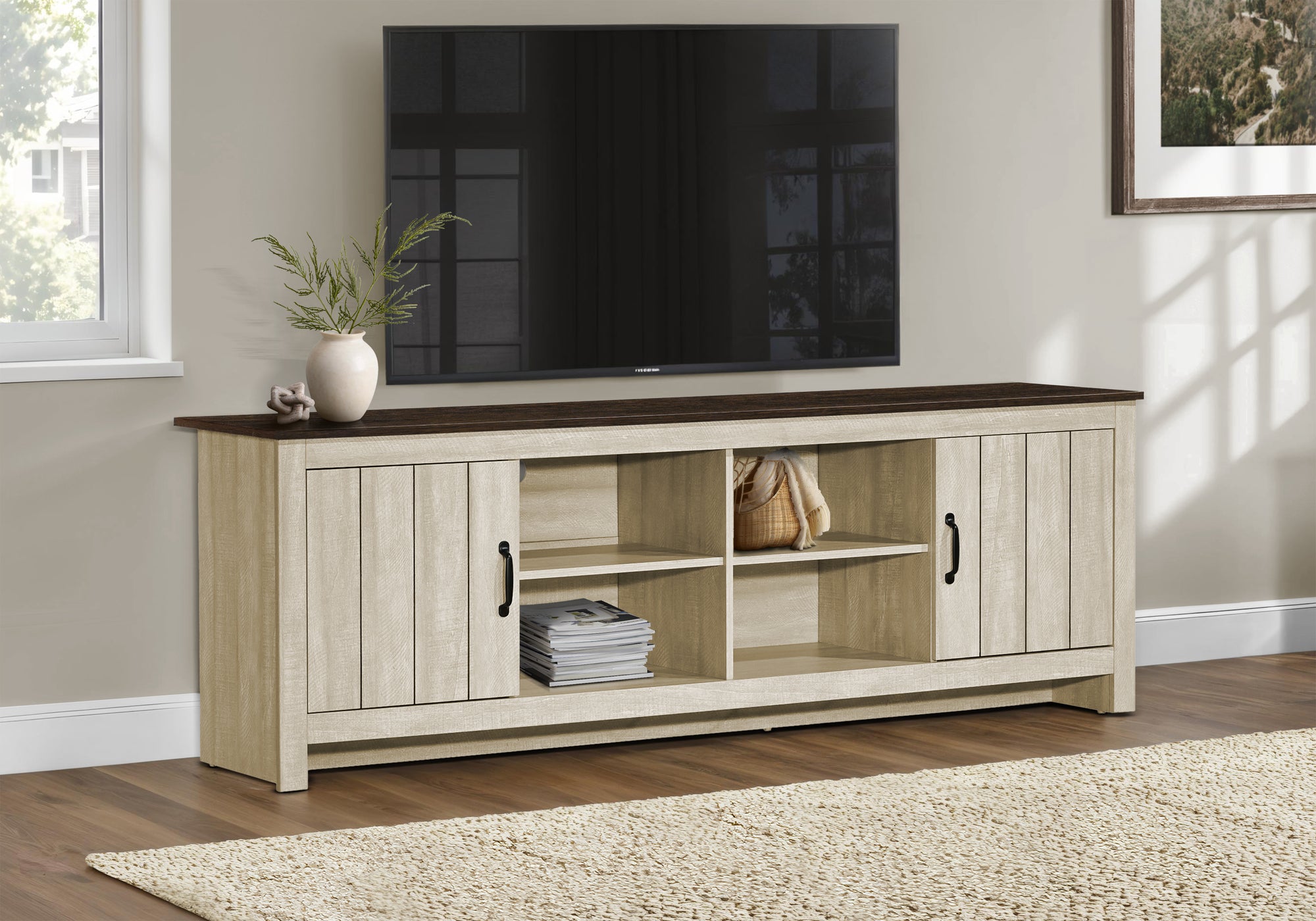 Tv Stand, 72 Inch, Console, Media Entertainment Center, Storage Cabinet, Living Room, Beige Laminate, Brown Oak Laminate, Contemporary-DECOROLALA