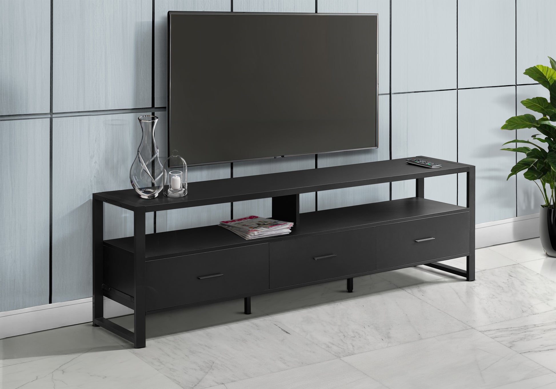 Tv Stand - 72"L / Black / Black Metal-Tv Stand-DECOROLALA