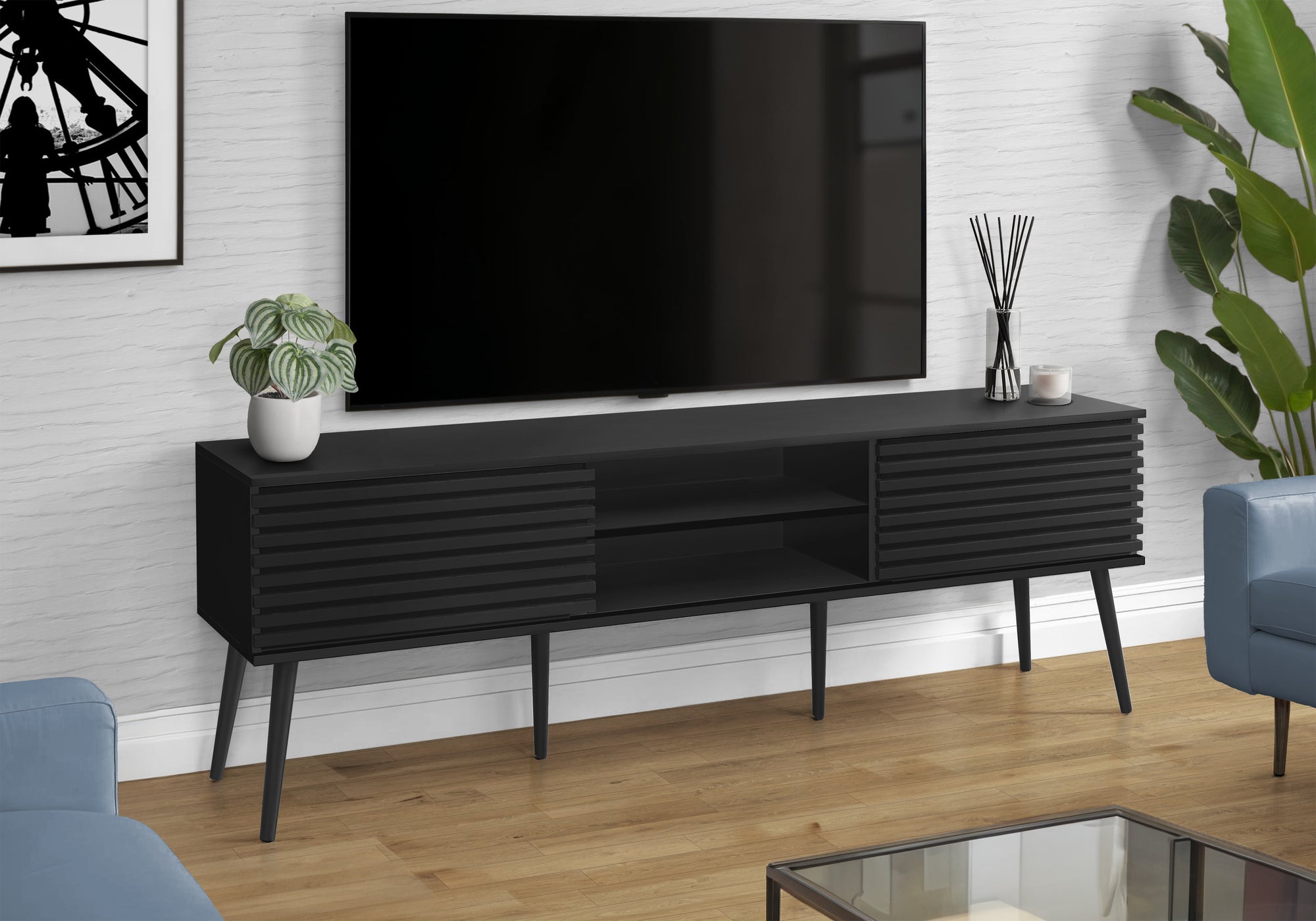 Tv Stand - 72"L / Black With 2 Doors-Tv Stand-DECOROLALA