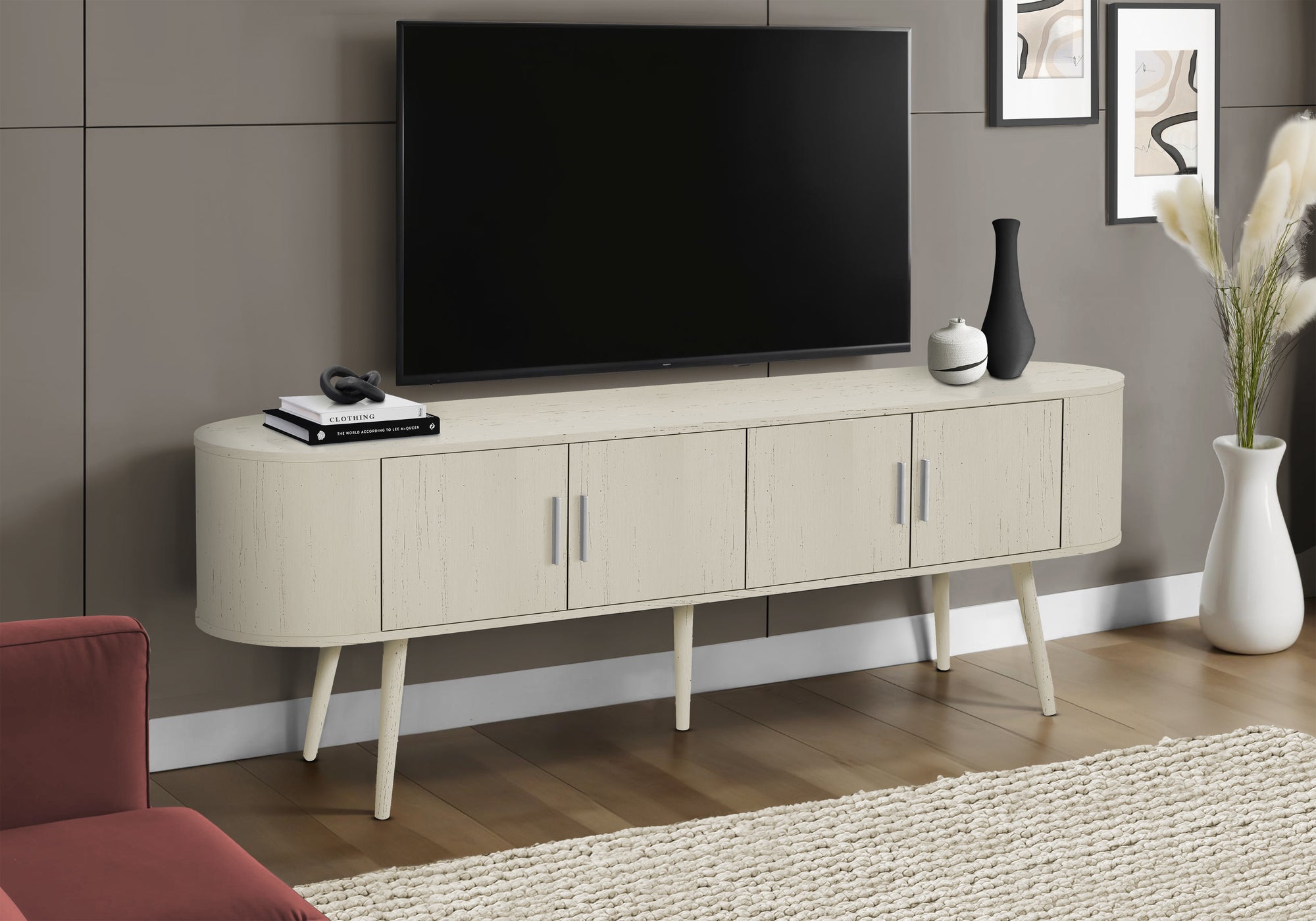 Tv Stand - 72"L / Black With 4 Brown Wood-Look Doors-Tv Stand-DECOROLALA