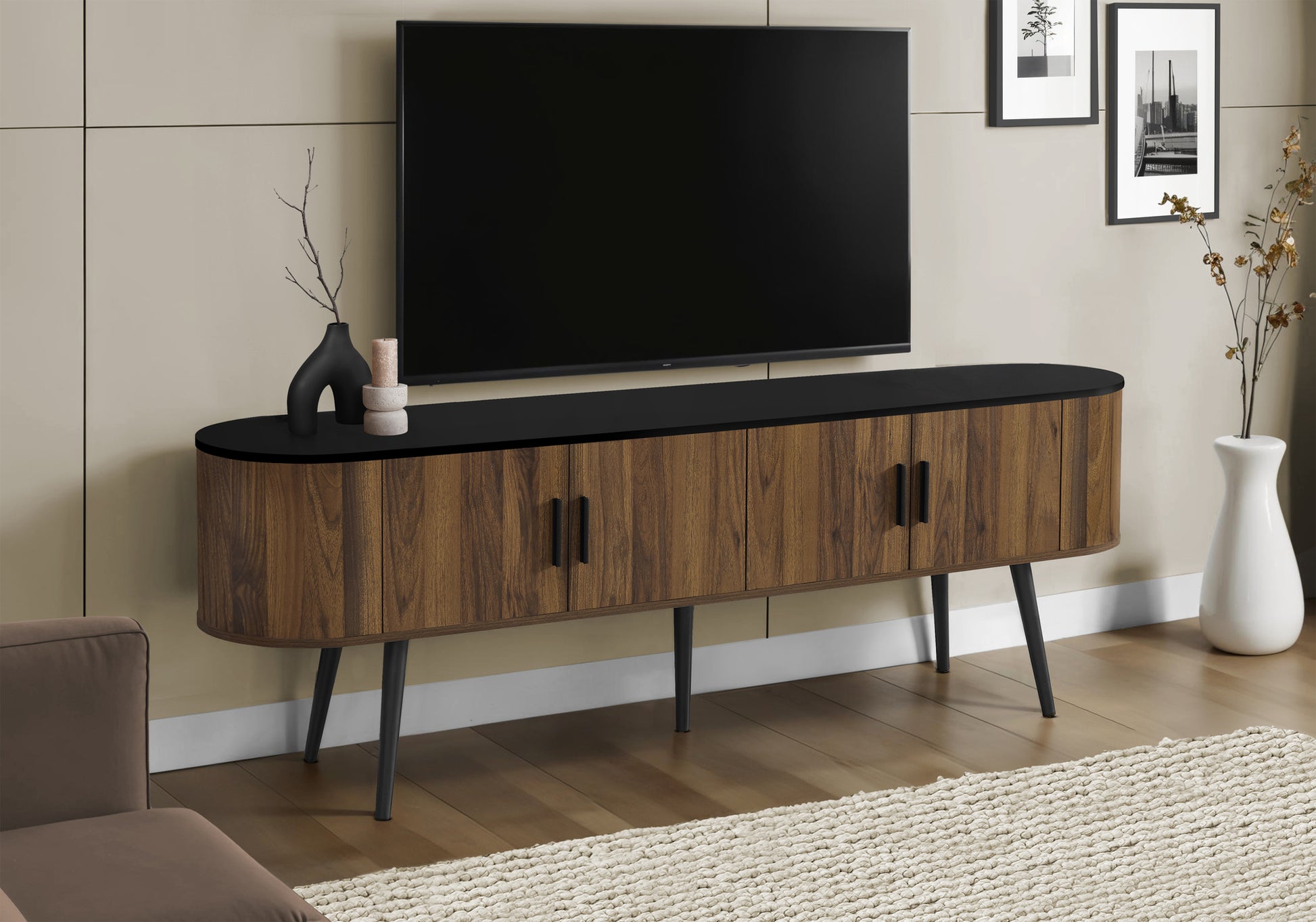 Tv Stand - 72"L / Black With 4 Brown Wood-Look Doors-Tv Stand-DECOROLALA