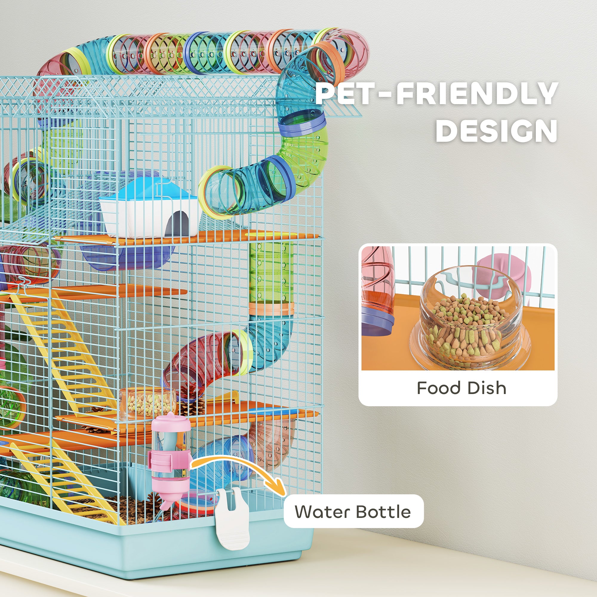 18.5" Hamster Cage, 5 Tiers Small Animal House with Tunnel Tube System, Exercise Wheel, Water Bottle, Light Blue