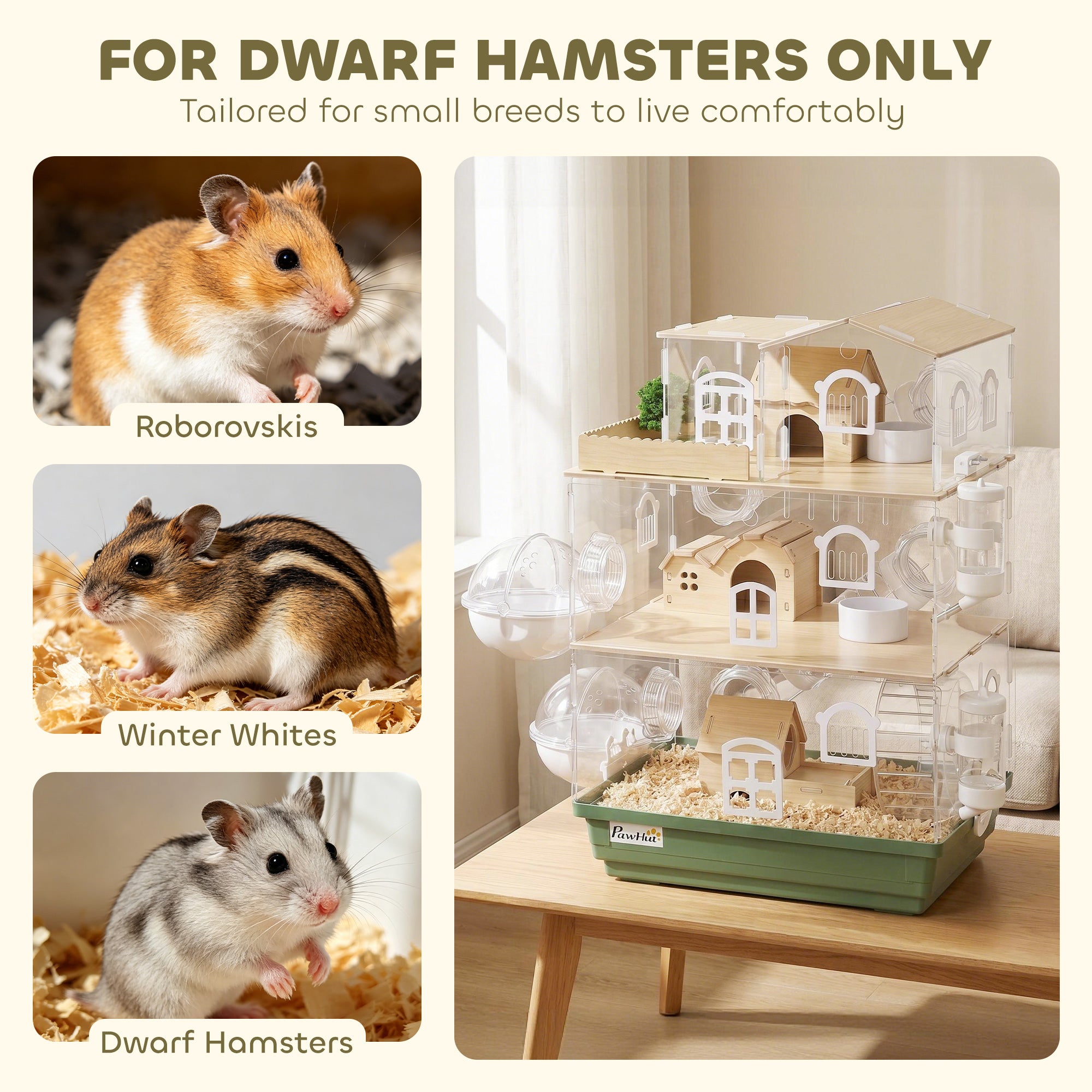 Large Hamster Cage, 3 Tiers Acrylic Hamster Habitat with Water Bottles, Running Wheel for Pet Mice, Dwarf Hamster