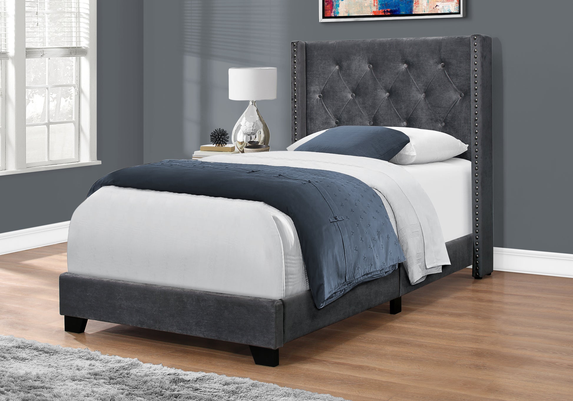 Twin Bed Frame Wingback Headboard Grey Linen Chrome Trim-Bed-DECOROLALA