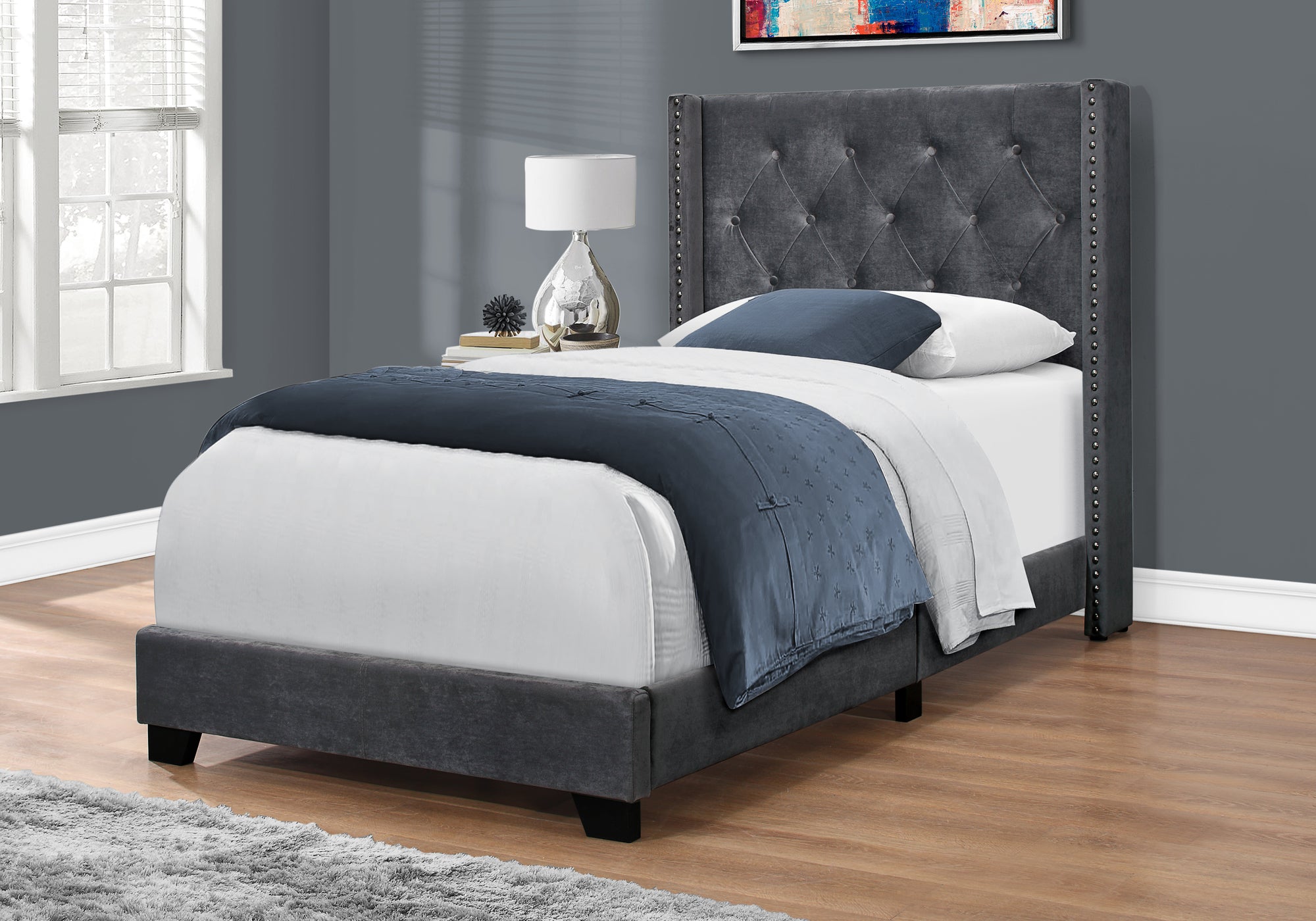 Twin Bed Frame Wingback Headboard Grey Linen Chrome Trim-Bed-DECOROLALA