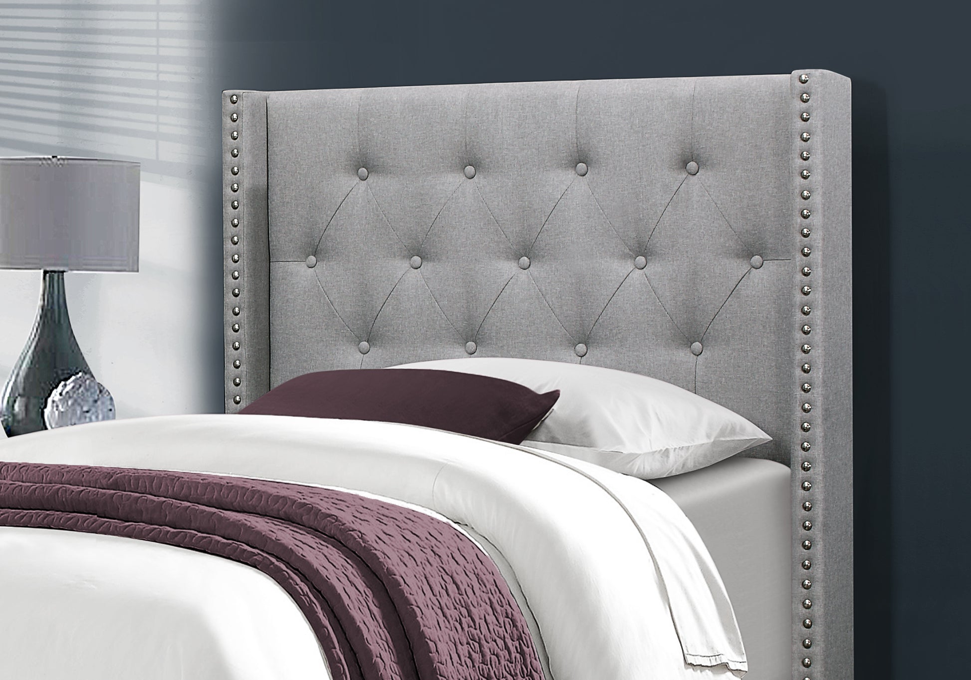 Twin Bed Frame Wingback Headboard Grey Linen Chrome Trim-Bed-DECOROLALA