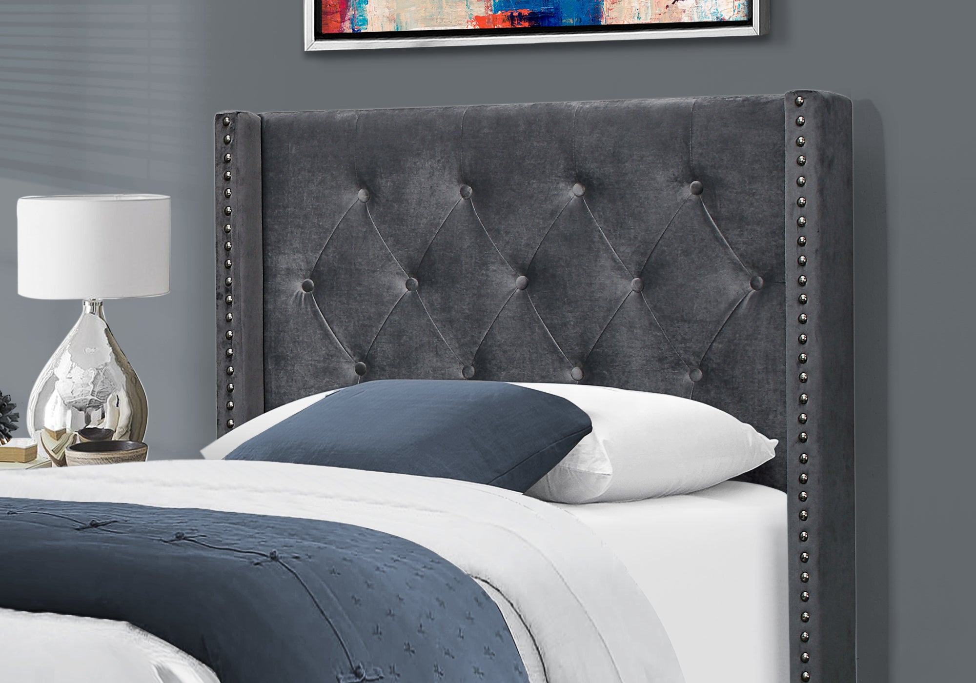Twin Bed Frame Wingback Headboard Grey Linen Chrome Trim-Bed-DECOROLALA