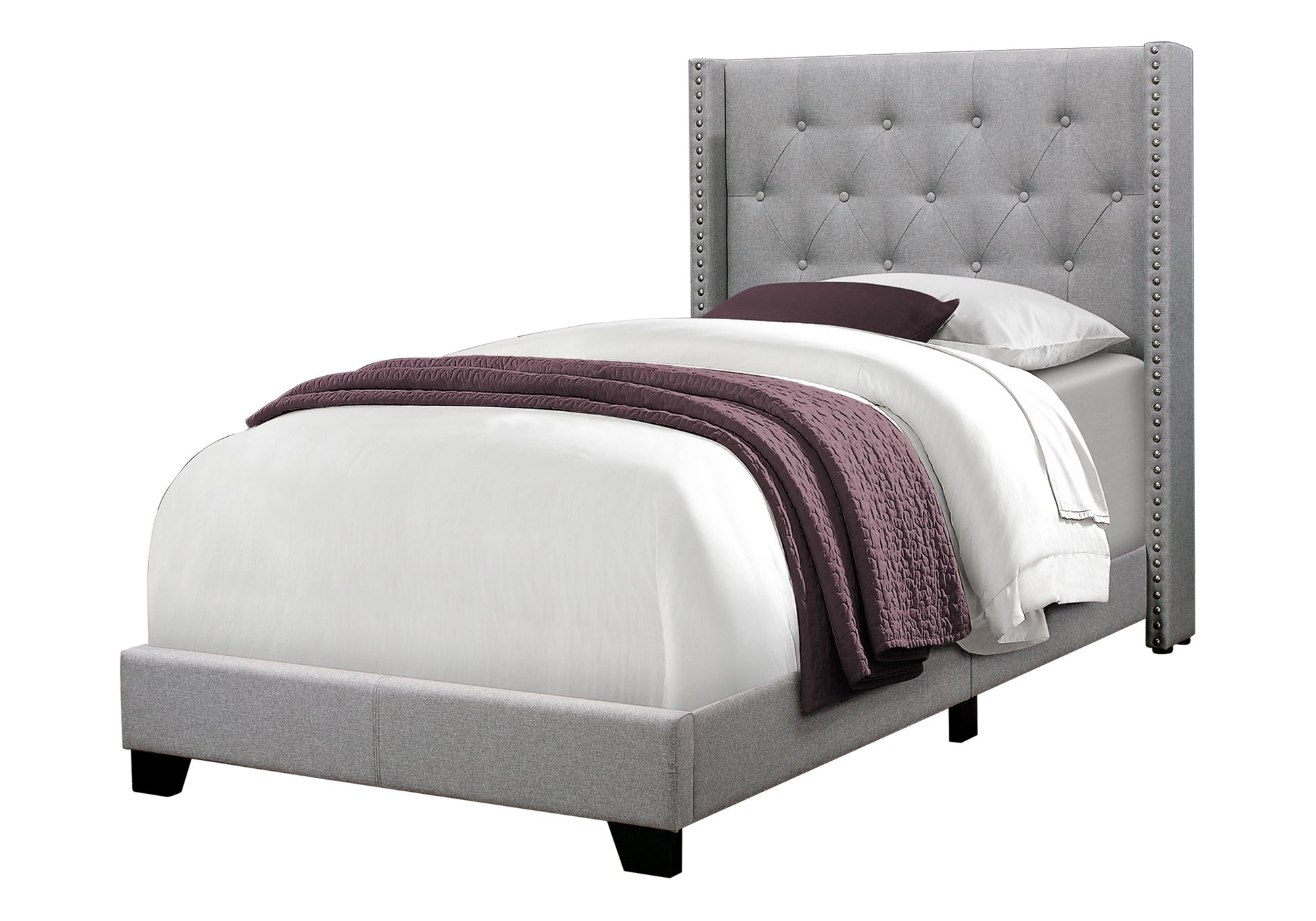 Twin Bed Frame Wingback Headboard Grey Linen Chrome Trim-Bed-DECOROLALA
