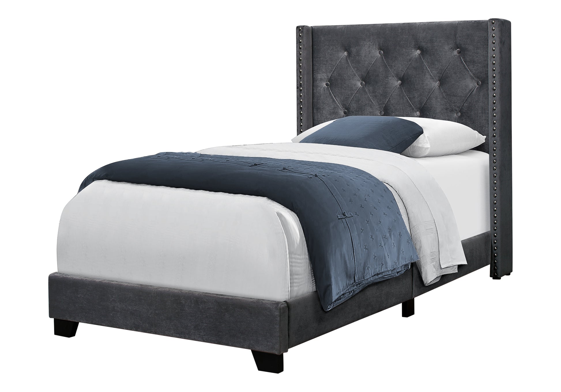 Twin Bed Frame Wingback Headboard Grey Linen Chrome Trim-Bed-DECOROLALA