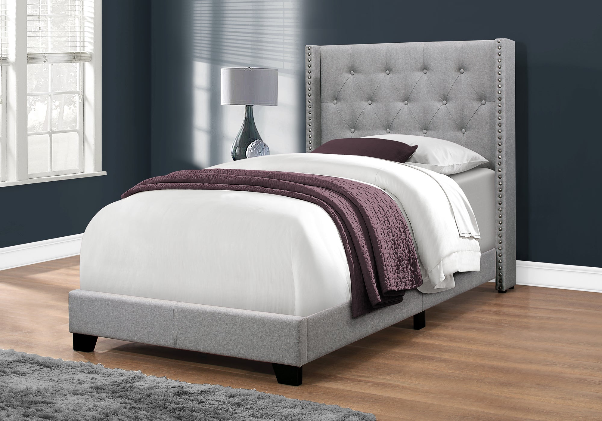 Twin Bed Frame Wingback Headboard Grey Linen Chrome Trim-Bed-DECOROLALA