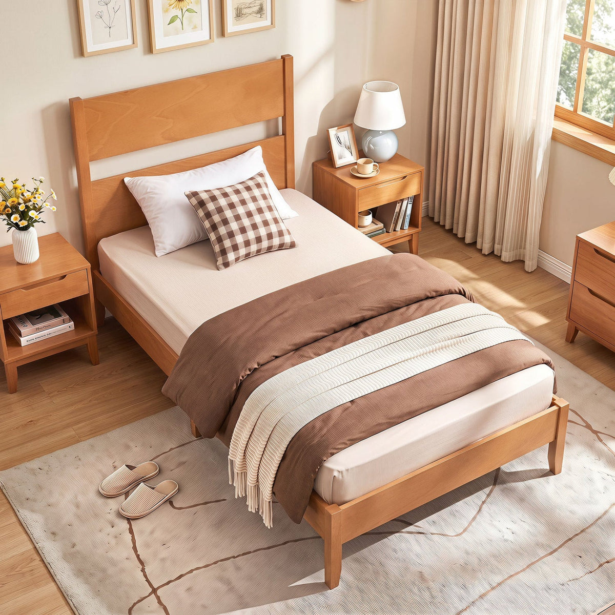 Twin Bed Frame with Headboard with Solid Wood Legs 12 Slats-Rustic Brown-Beds & Bed Frames-DECOROLALA