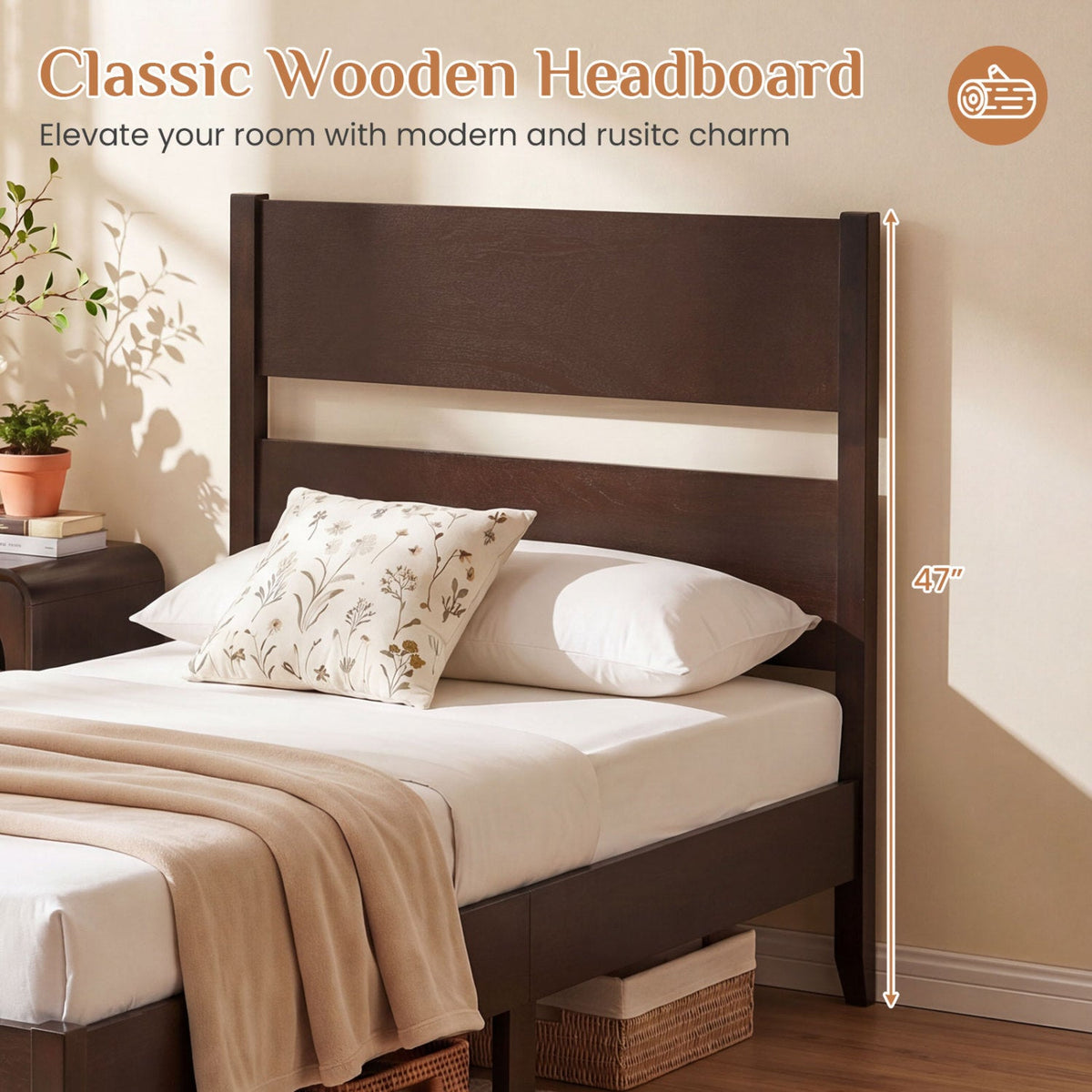 Twin Bed Frame with Headboard with Solid Wood Legs 12 Slats-Rustic Brown-Beds & Bed Frames-DECOROLALA