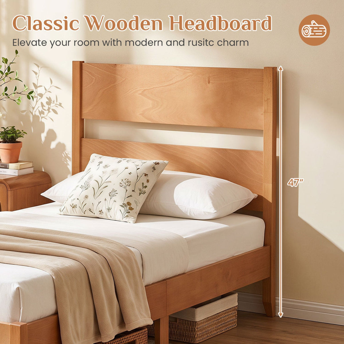 Twin Bed Frame with Headboard with Solid Wood Legs 12 Slats-Rustic Brown-Beds & Bed Frames-DECOROLALA
