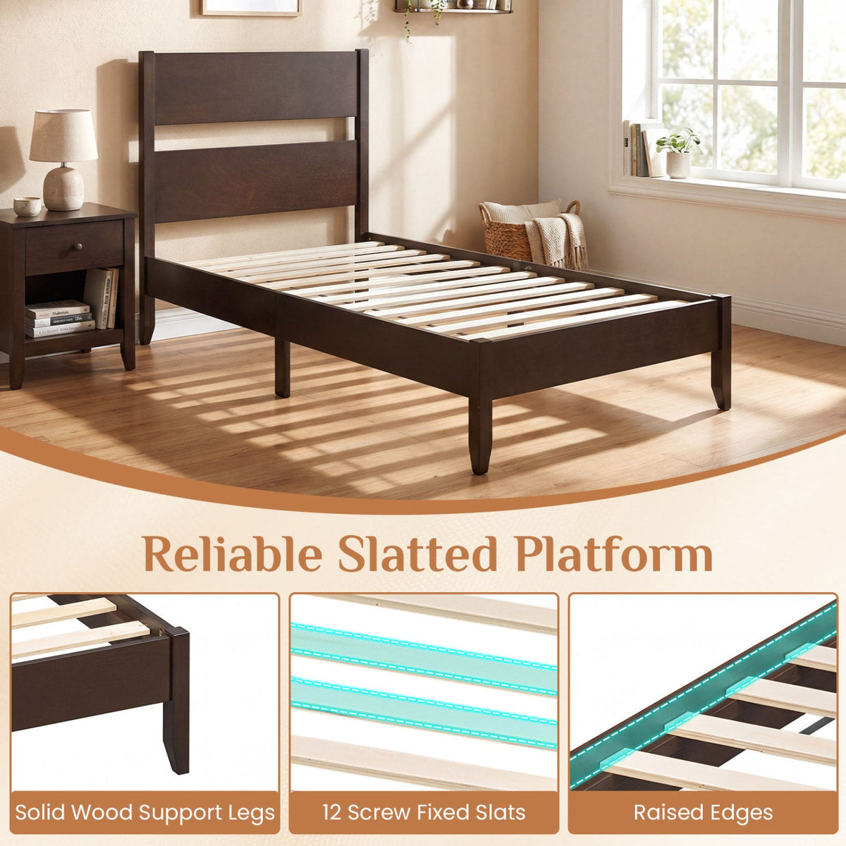 Twin Bed Frame with Headboard with Solid Wood Legs 12 Slats-Rustic Brown-Beds & Bed Frames-DECOROLALA