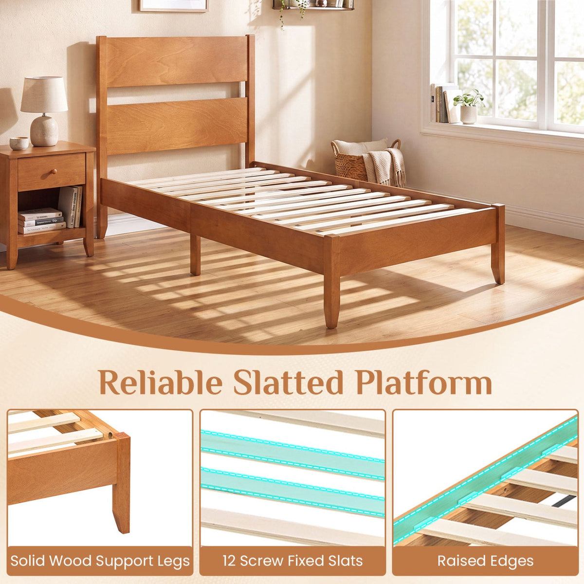 Twin Bed Frame with Headboard with Solid Wood Legs 12 Slats-Rustic Brown-Beds & Bed Frames-DECOROLALA
