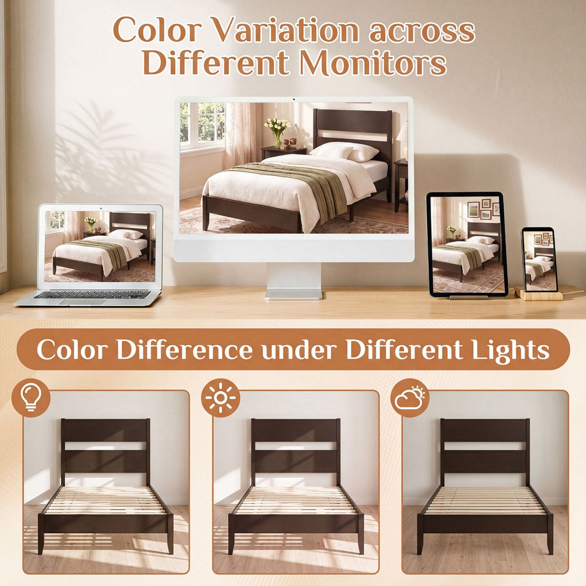 Twin Bed Frame with Headboard with Solid Wood Legs 12 Slats-Rustic Brown-Beds & Bed Frames-DECOROLALA