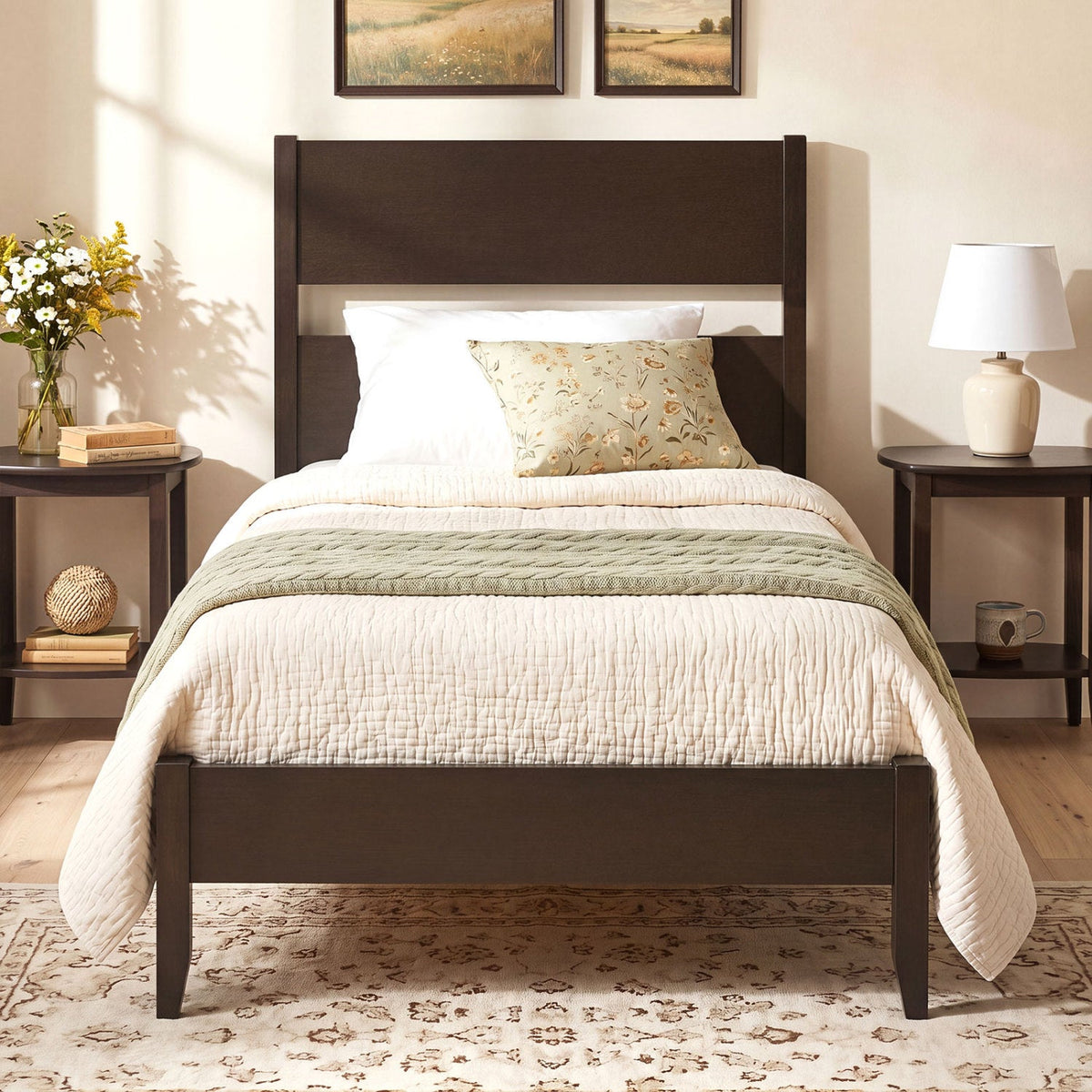 Twin Bed Frame with Headboard with Solid Wood Legs 12 Slats-Rustic Brown-Beds & Bed Frames-DECOROLALA