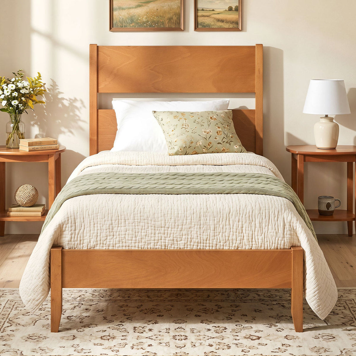 Twin Bed Frame with Headboard with Solid Wood Legs 12 Slats-Rustic Brown-Beds & Bed Frames-DECOROLALA