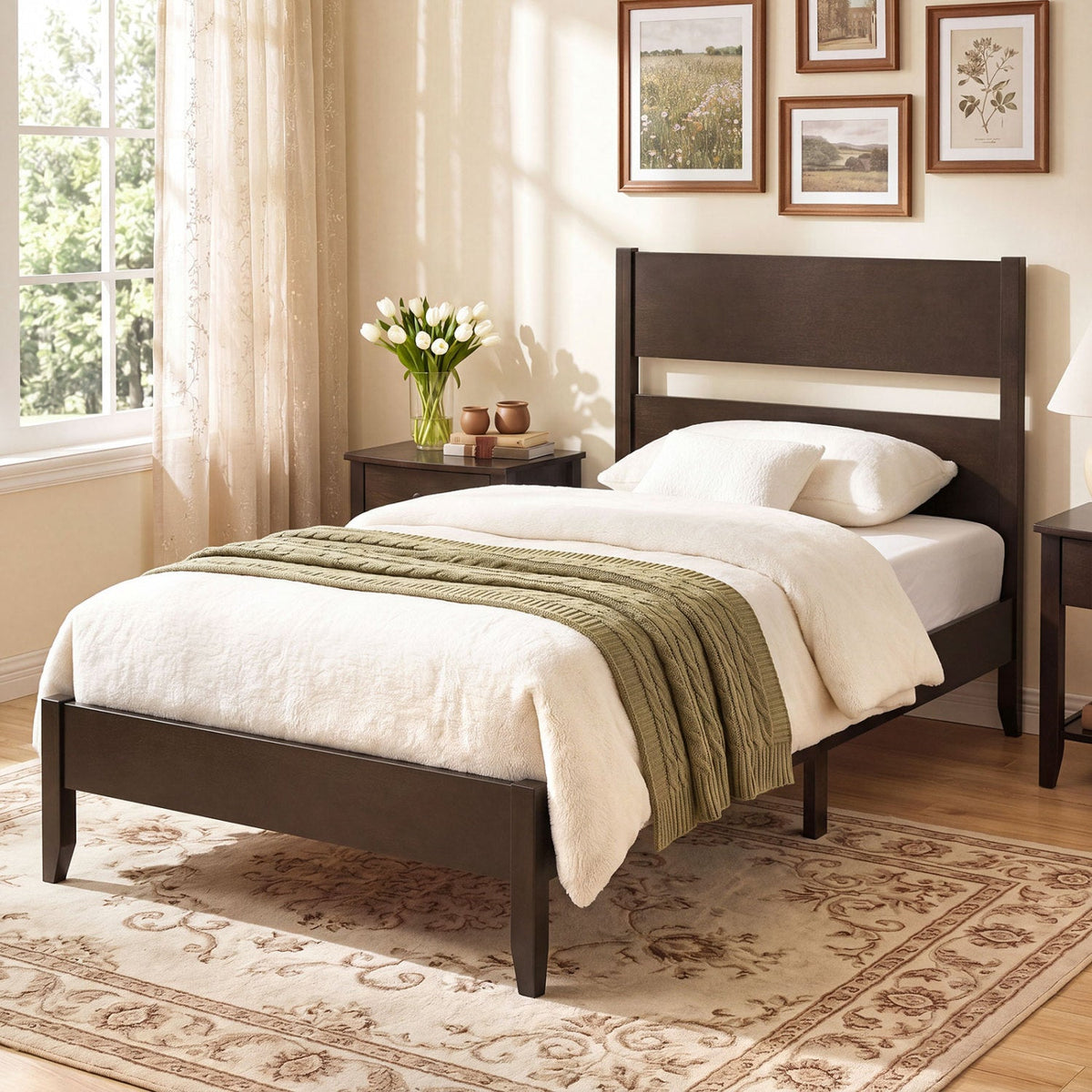 Twin Bed Frame with Headboard with Solid Wood Legs 12 Slats-Rustic Brown-Beds & Bed Frames-DECOROLALA
