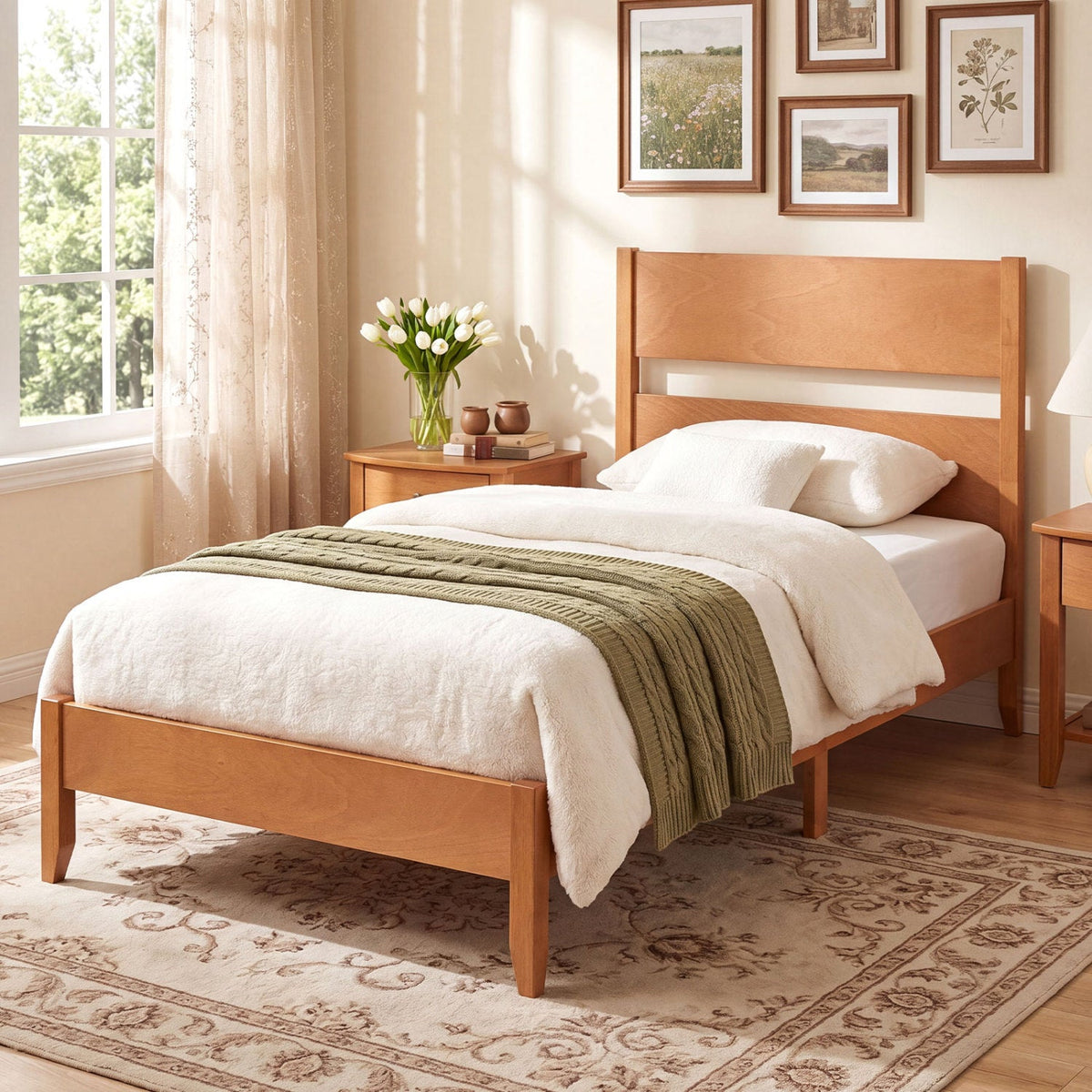 Twin Bed Frame with Headboard with Solid Wood Legs 12 Slats-Rustic Brown-Beds & Bed Frames-DECOROLALA