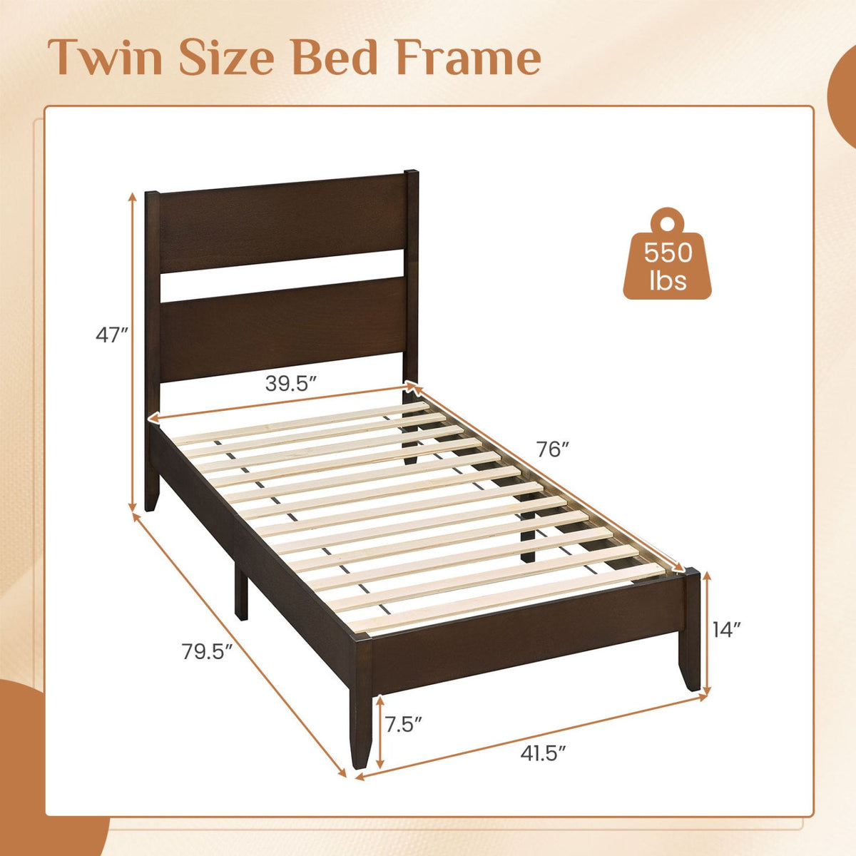 Twin Bed Frame with Headboard with Solid Wood Legs 12 Slats-Rustic Brown-Beds & Bed Frames-DECOROLALA