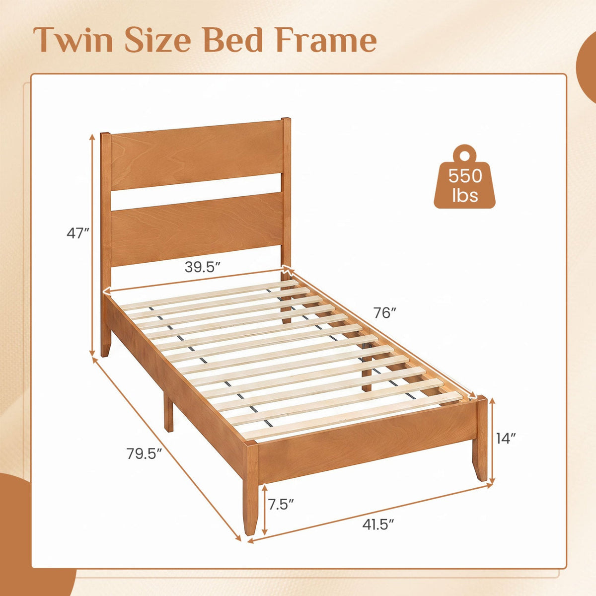 Twin Bed Frame with Headboard with Solid Wood Legs 12 Slats-Rustic Brown-Beds & Bed Frames-DECOROLALA