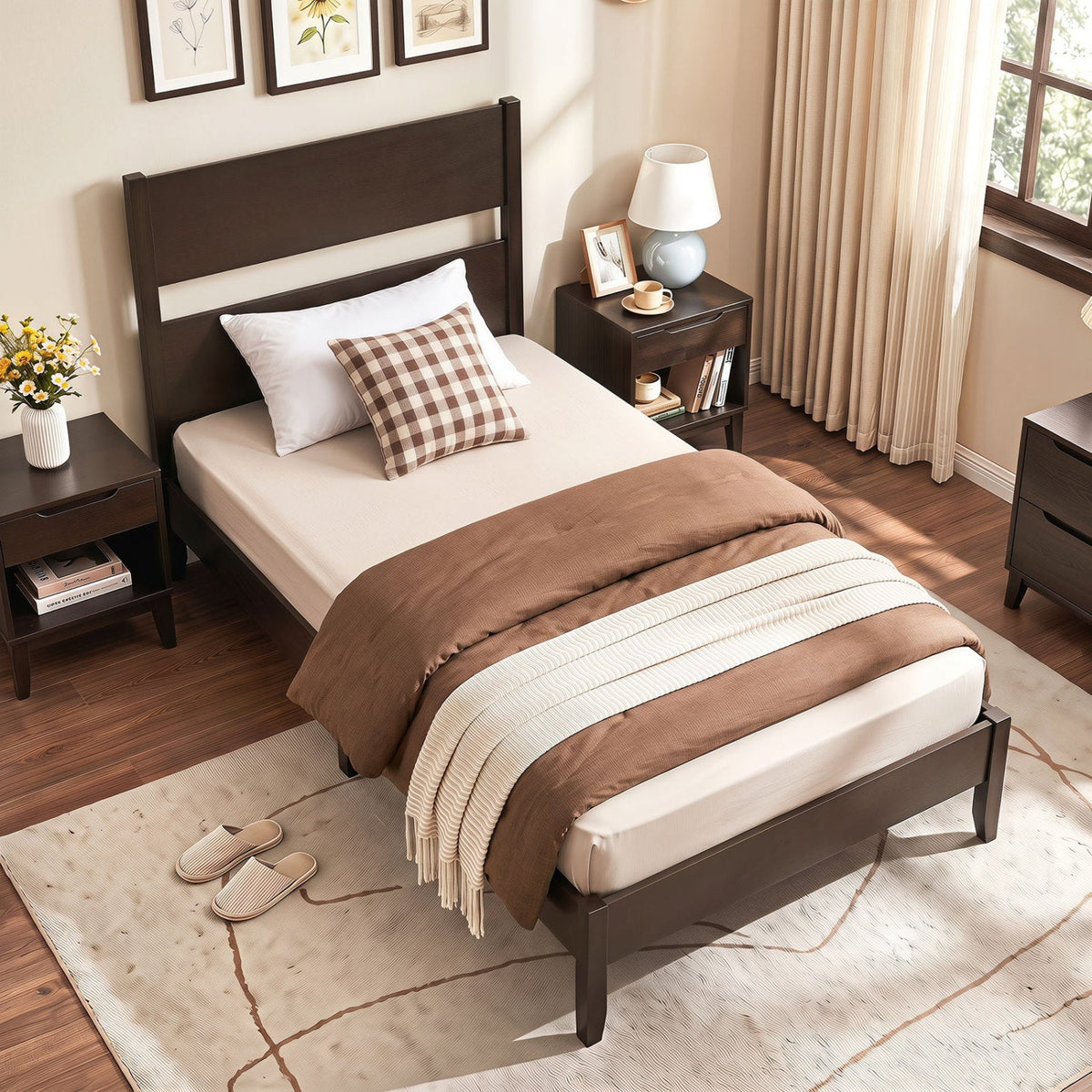 Twin Bed Frame with Headboard with Solid Wood Legs 12 Slats-Rustic Brown-Beds & Bed Frames-DECOROLALA