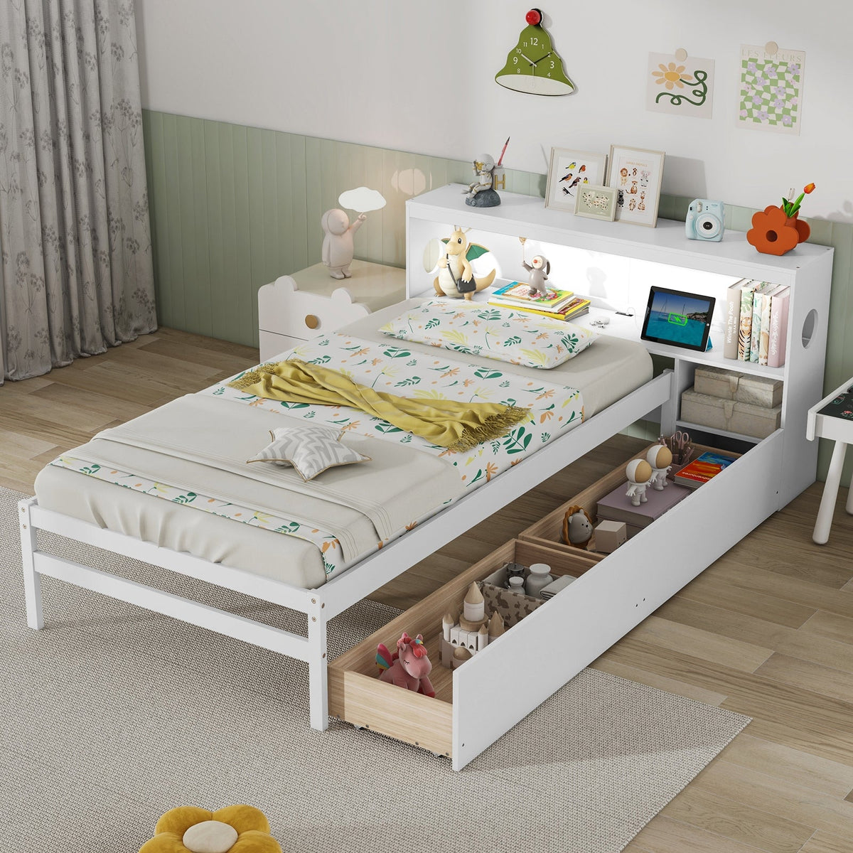 Twin Size Bed Frame with LED Light and Bookcase Headboard-Trundle Bed Frame-DECOROLALA