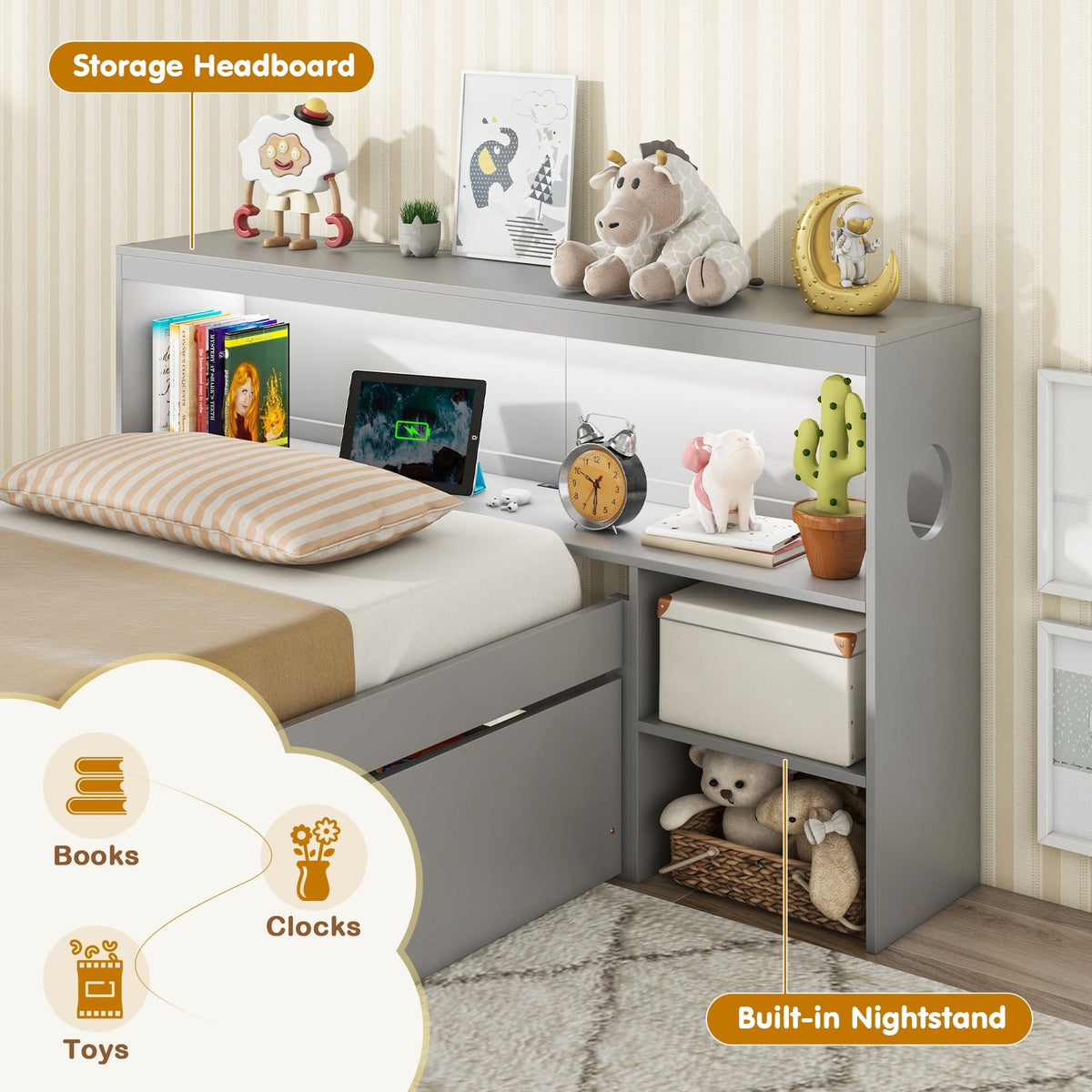 Twin Size Bed Frame with LED Light and Bookcase Headboard-Trundle Bed Frame-DECOROLALA