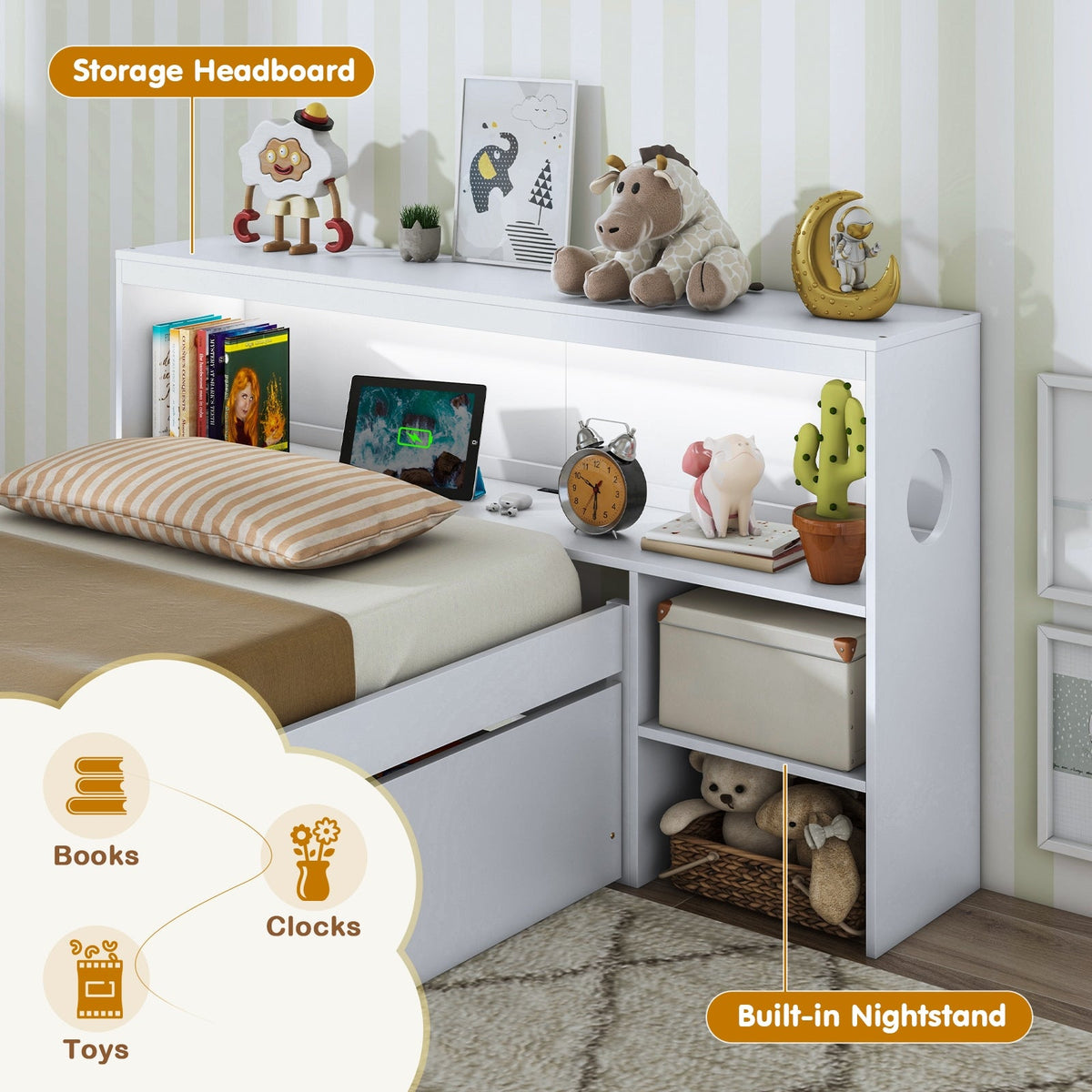 Twin Size Bed Frame with LED Light and Bookcase Headboard-Trundle Bed Frame-DECOROLALA