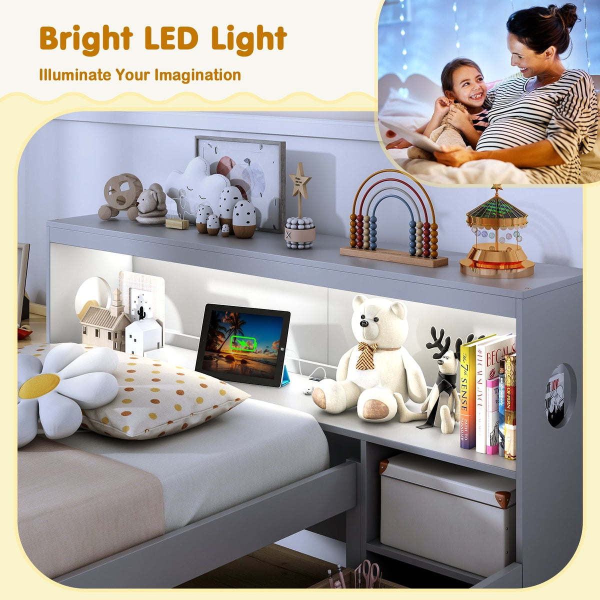 Twin Size Bed Frame with LED Light and Bookcase Headboard-Trundle Bed Frame-DECOROLALA