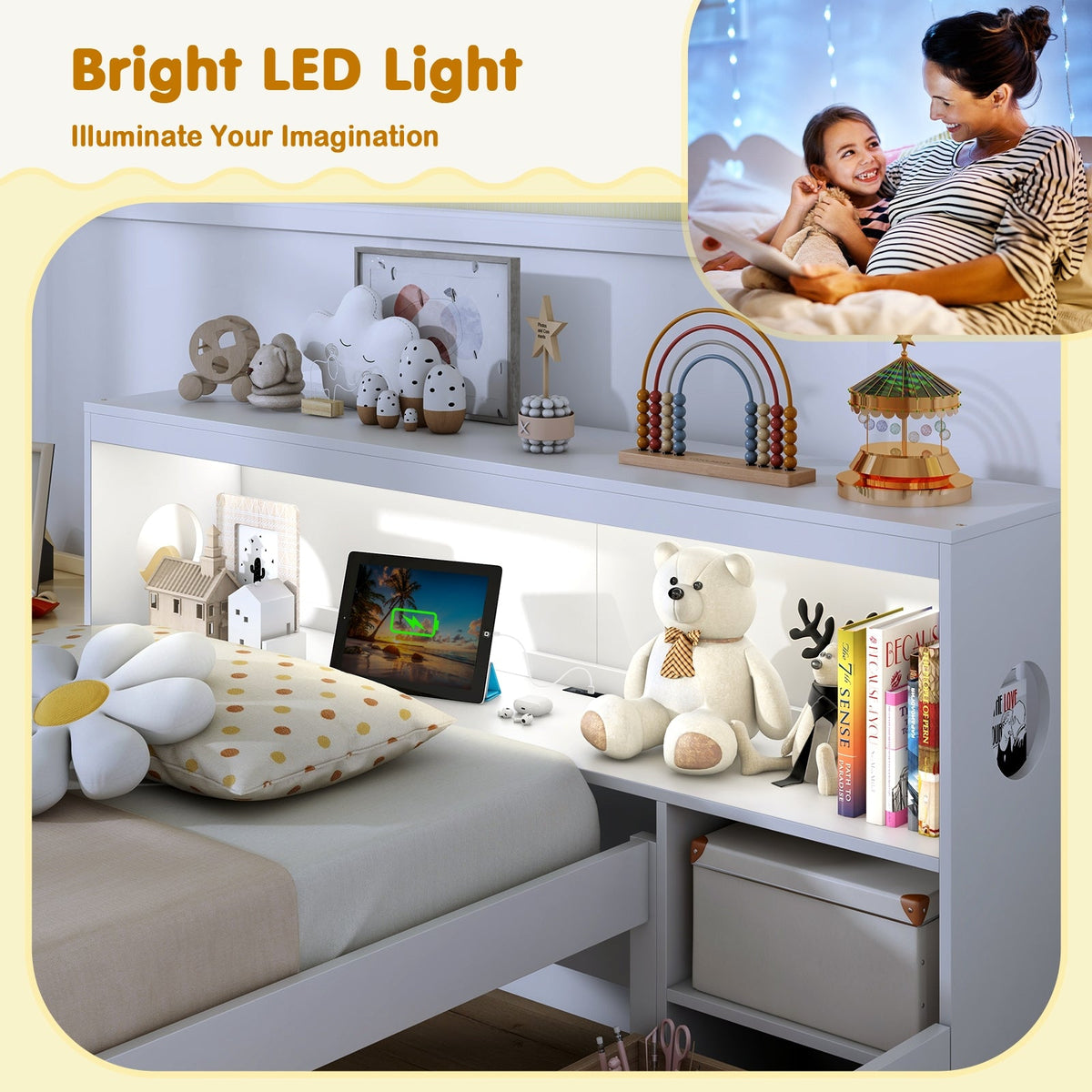 Twin Size Bed Frame with LED Light and Bookcase Headboard-Trundle Bed Frame-DECOROLALA