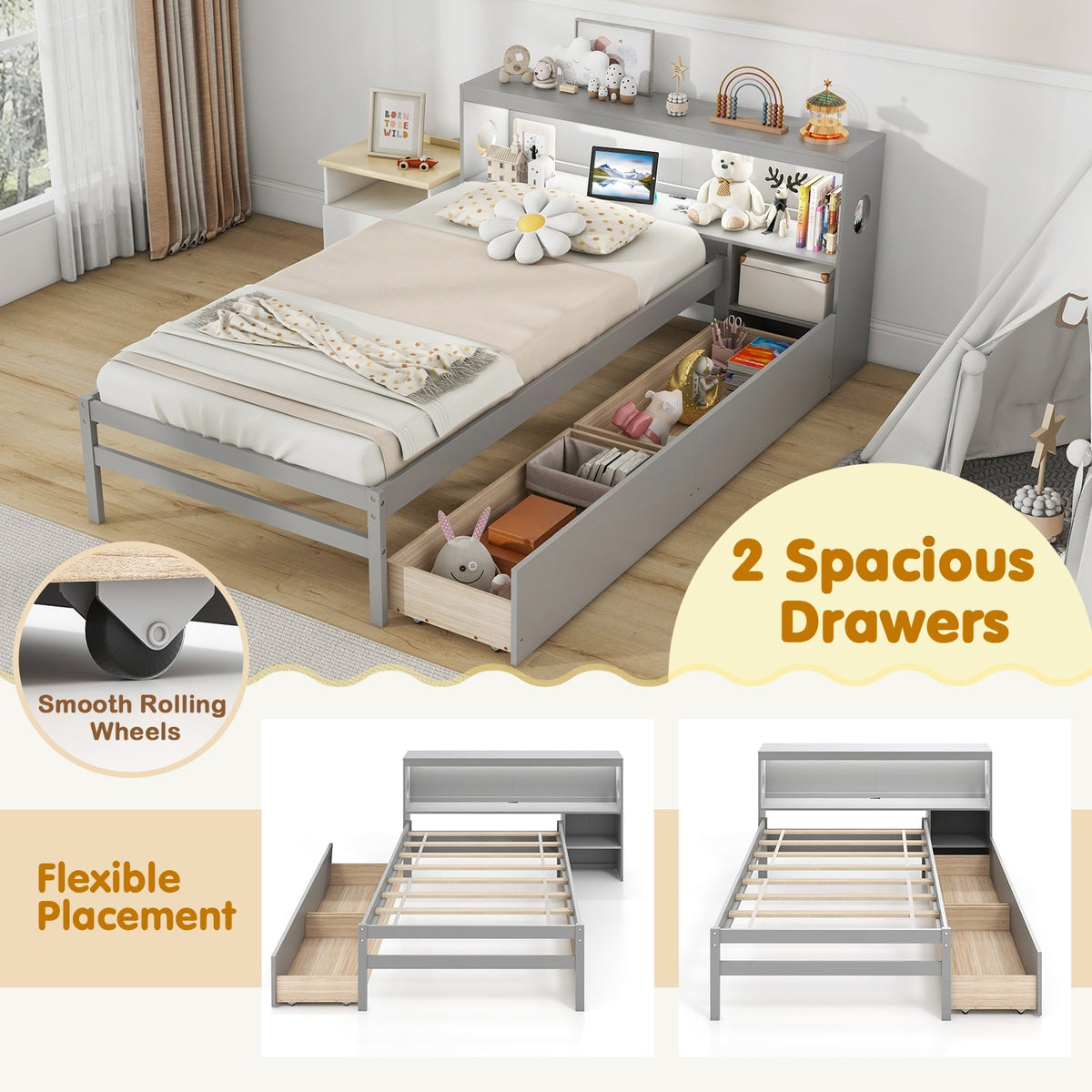 Twin Size Bed Frame with LED Light and Bookcase Headboard-Trundle Bed Frame-DECOROLALA