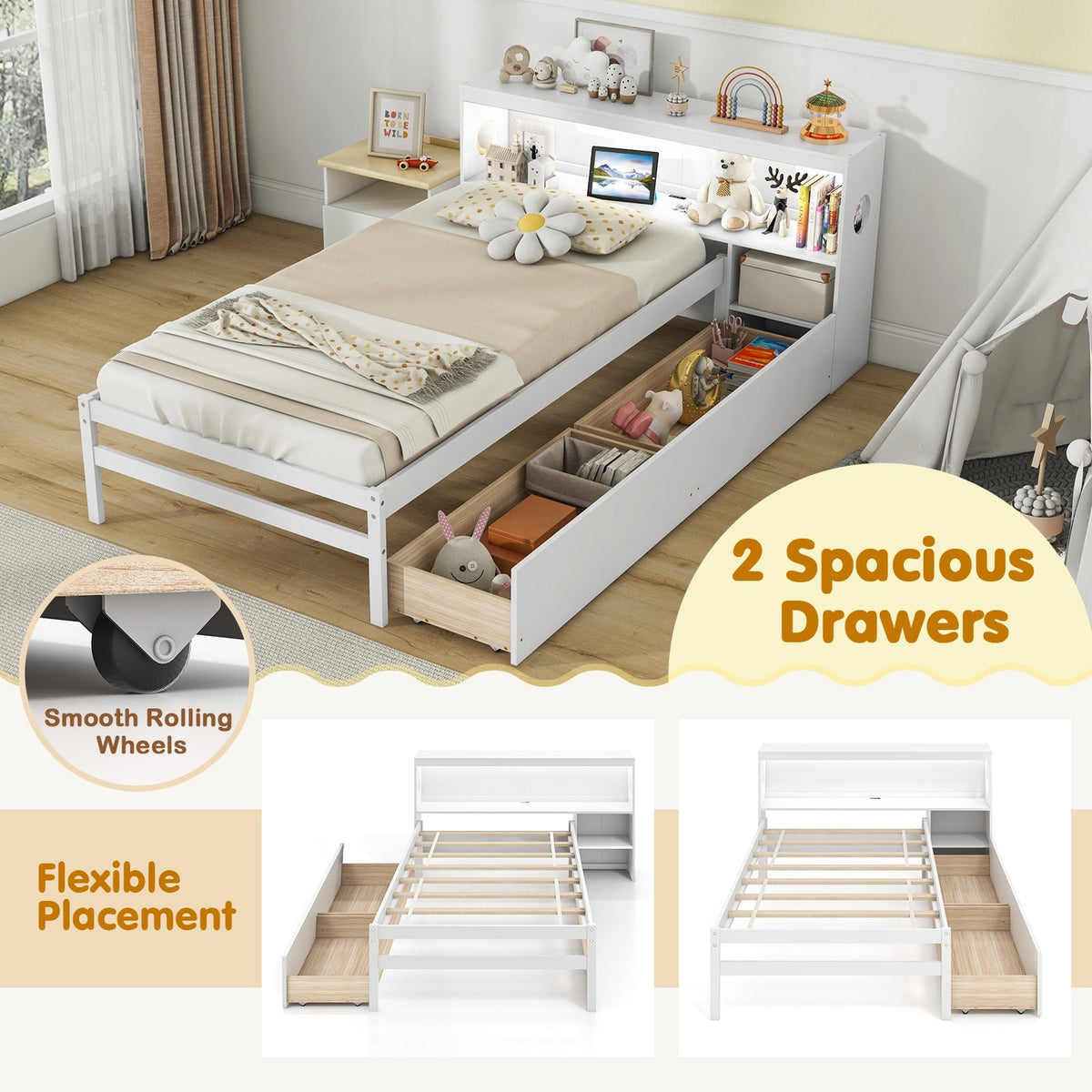 Twin Size Bed Frame with LED Light and Bookcase Headboard-Trundle Bed Frame-DECOROLALA