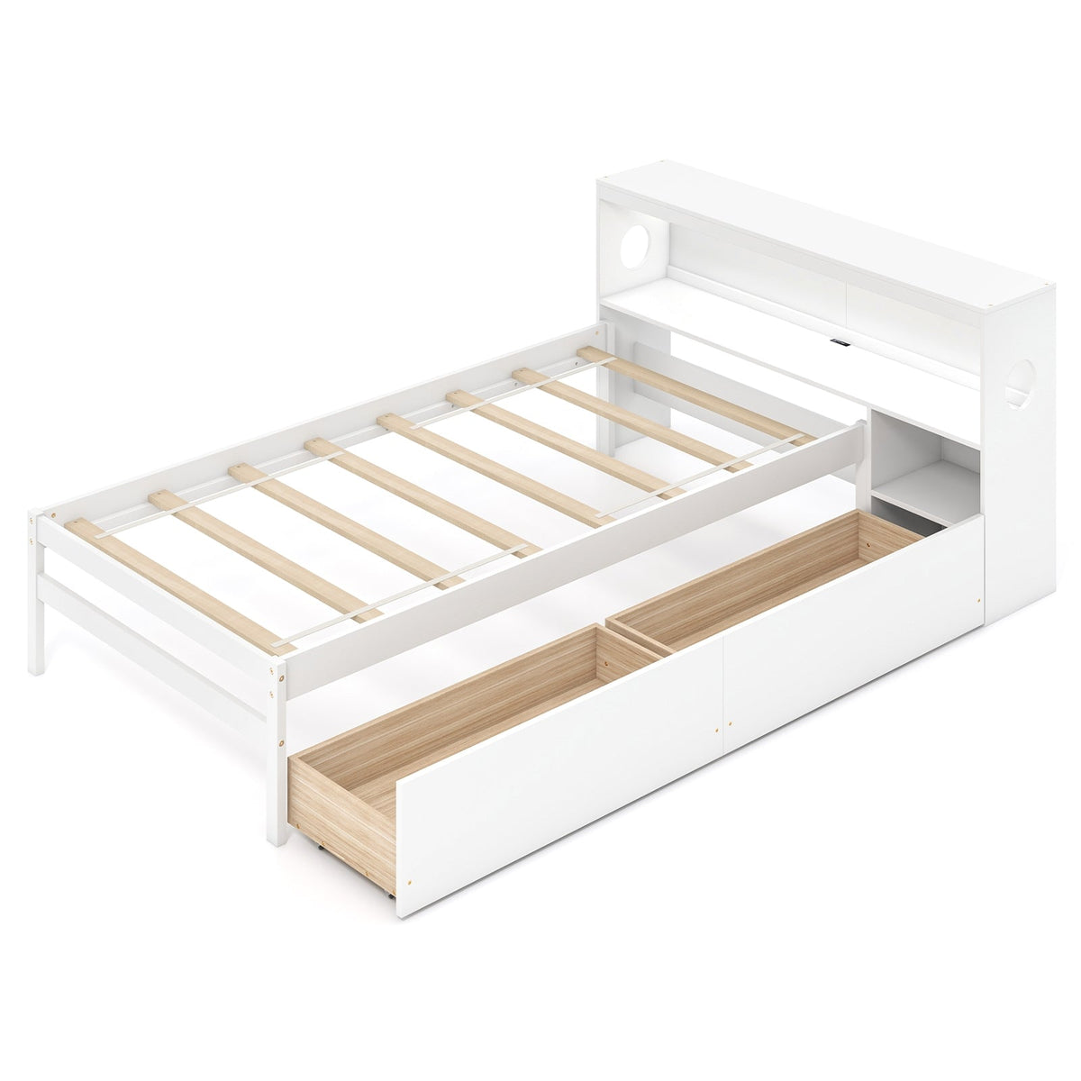 Twin Size Bed Frame with LED Light and Bookcase Headboard-Trundle Bed Frame-DECOROLALA