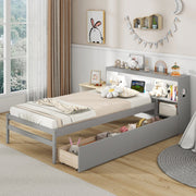 Twin Size Bed Frame with LED Light and Bookcase Headboard-Trundle Bed Frame-DECOROLALA