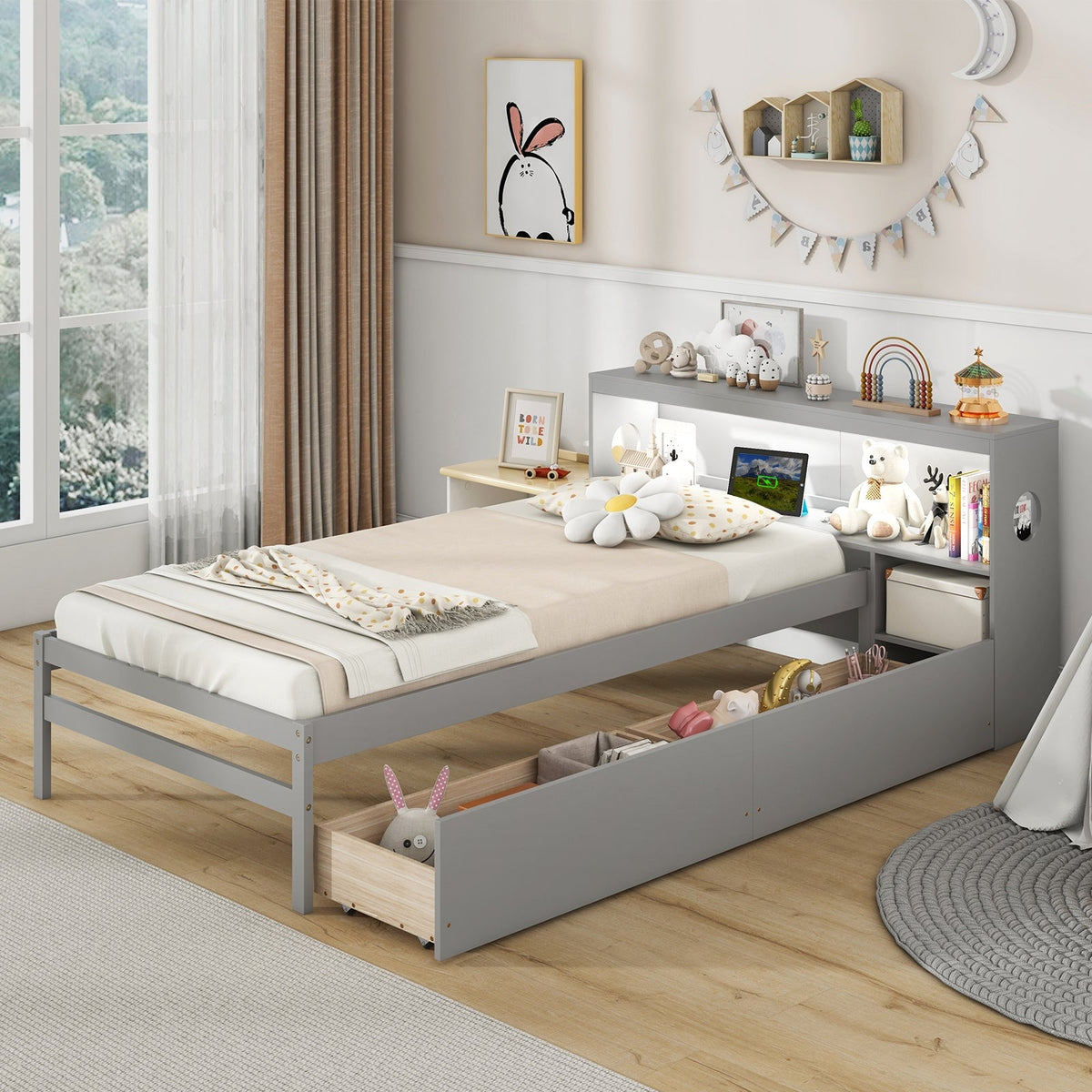 Twin Size Bed Frame with LED Light and Bookcase Headboard-Trundle Bed Frame-DECOROLALA