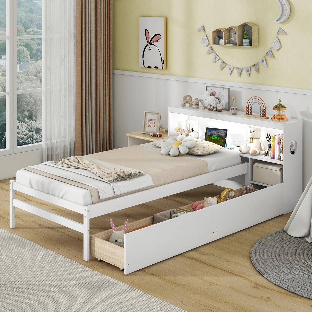 Twin Size Bed Frame with LED Light and Bookcase Headboard-Trundle Bed Frame-DECOROLALA