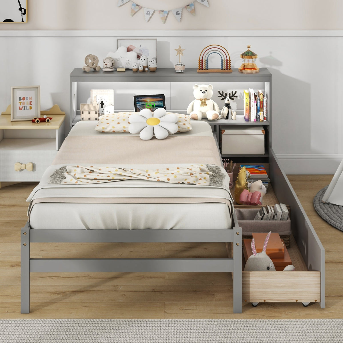 Twin Size Bed Frame with LED Light and Bookcase Headboard-Trundle Bed Frame-DECOROLALA