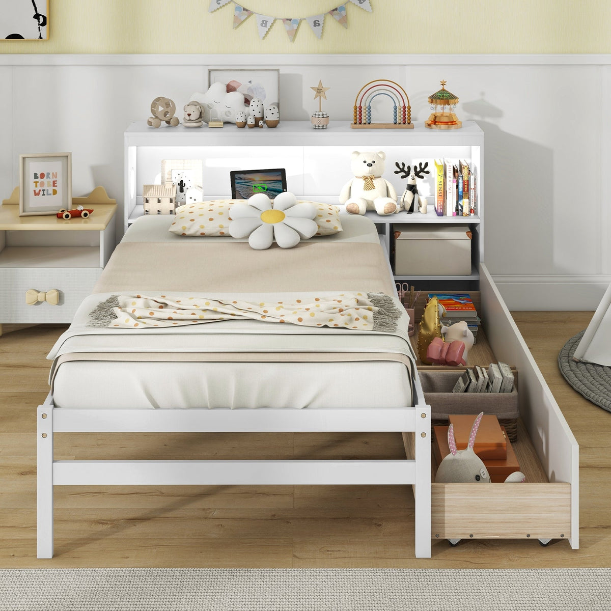 Twin Size Bed Frame with LED Light and Bookcase Headboard-Trundle Bed Frame-DECOROLALA