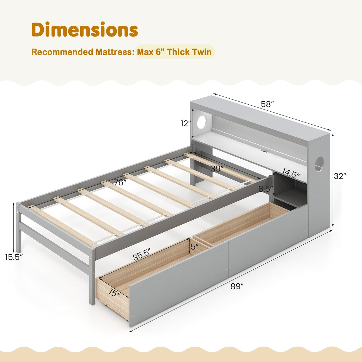 Twin Size Bed Frame with LED Light and Bookcase Headboard-Trundle Bed Frame-DECOROLALA
