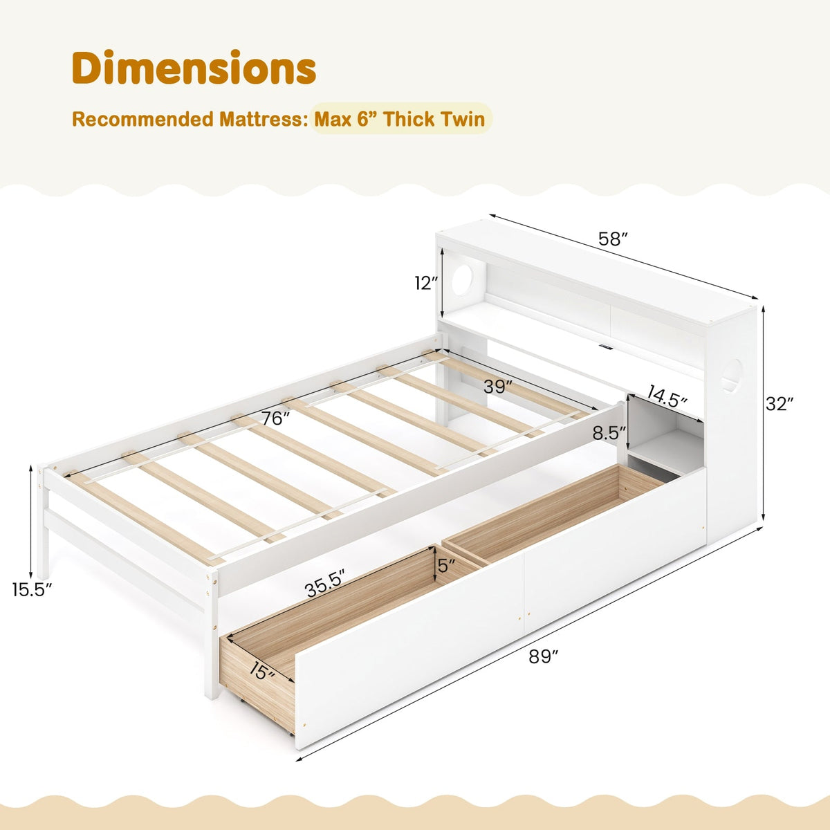 Twin Size Bed Frame with LED Light and Bookcase Headboard-Trundle Bed Frame-DECOROLALA