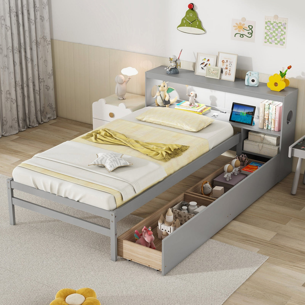 Twin Size Bed Frame with LED Light and Bookcase Headboard-Trundle Bed Frame-DECOROLALA
