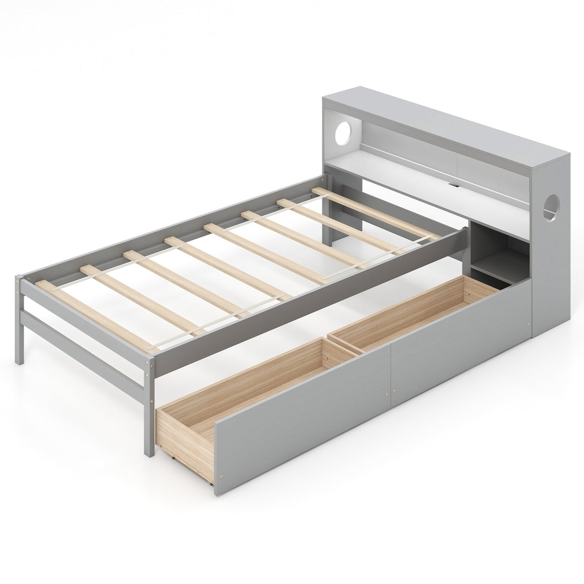 Twin Size Bed Frame with LED Light and Bookcase Headboard-Trundle Bed Frame-DECOROLALA
