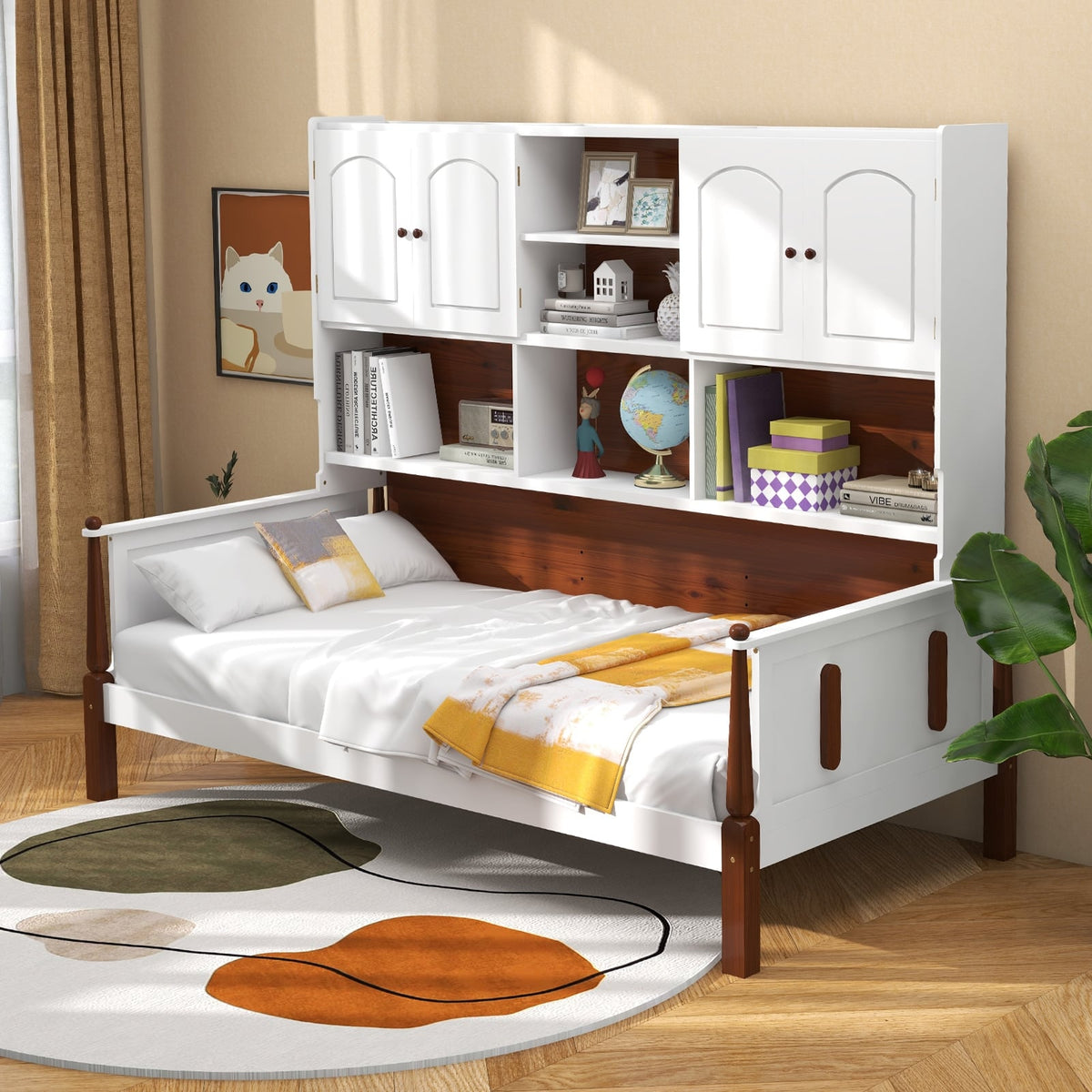 Twin Bed with Bookcase with Shelves and Wooden Slat Support No Box Spring Needed for Living Room Bedroom-White-Simple Bed Frame-DECOROLALA