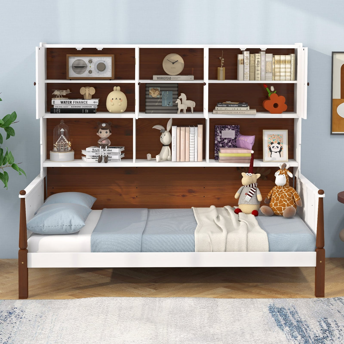 Twin Bed with Bookcase with Shelves and Wooden Slat Support No Box Spring Needed for Living Room Bedroom-White-Simple Bed Frame-DECOROLALA