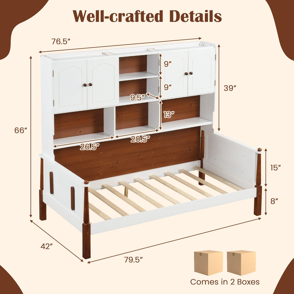 Twin Bed with Bookcase with Shelves and Wooden Slat Support No Box Spring Needed for Living Room Bedroom-White-Simple Bed Frame-DECOROLALA
