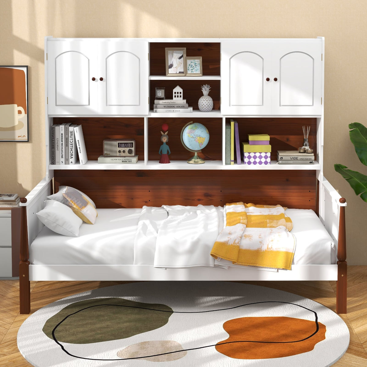 Twin Bed with Bookcase with Shelves and Wooden Slat Support No Box Spring Needed for Living Room Bedroom-White-Simple Bed Frame-DECOROLALA