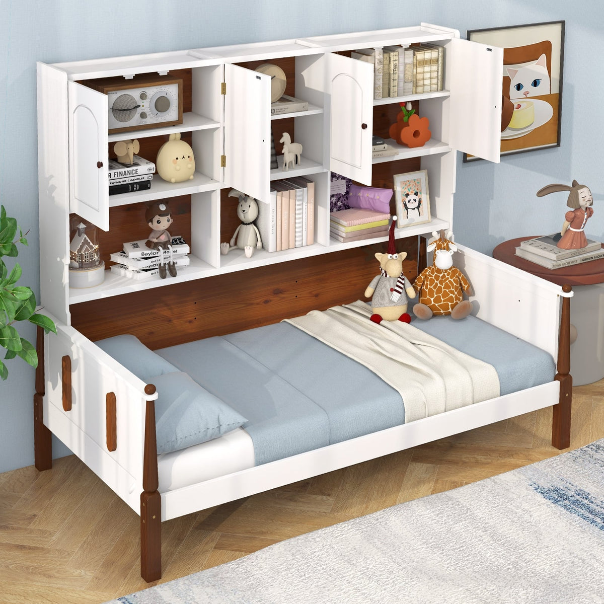 Twin Bed with Bookcase with Shelves and Wooden Slat Support No Box Spring Needed for Living Room Bedroom-White-Simple Bed Frame-DECOROLALA